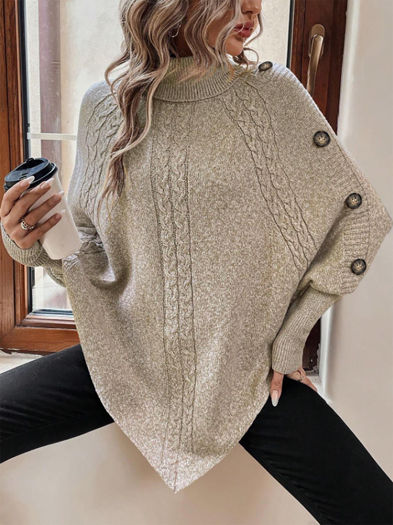 Women's Plain Fake Buttons Batwing Sleeve Loose Medium Sweater, Casual Long Sleeve High Neck Jumper for Fall & Winter, Fashion Chic Ladies' Knitwear for Daily Wear 1 Piece