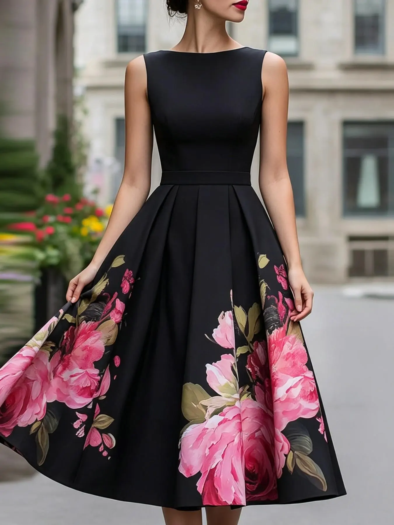 Elegant Floral Print Sleeveless Dress, Comfortable Soft Fabric, Perfect for Parties and Vacations, Long Ruched Design, All Seasons Wear, Elegance, Casual
