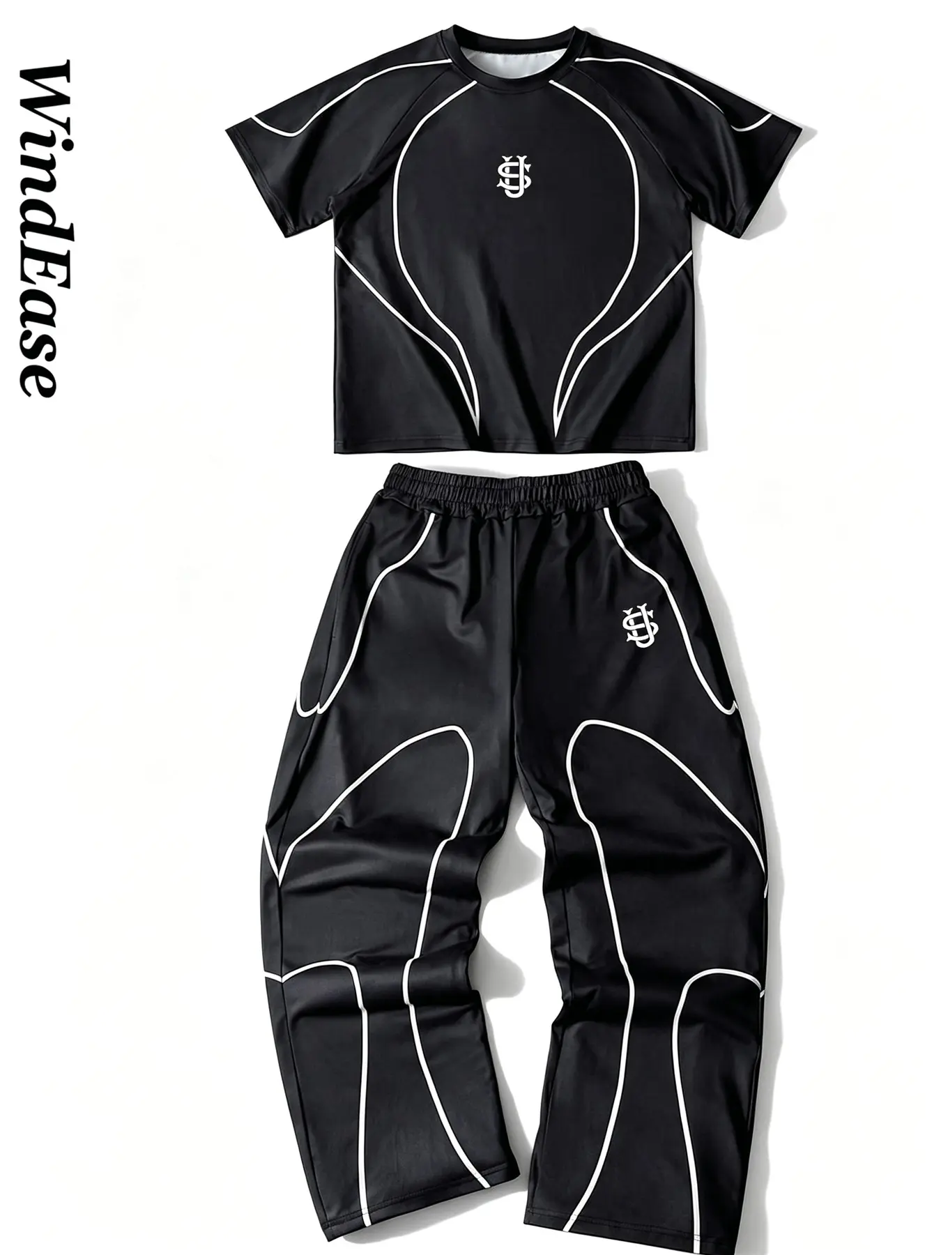 Men Black White Stripe Function Sports Two Piece Set Quick Dry Short Sleeve Crop Top Wide Leg Track Pants Racing Streetwear Tracksuit