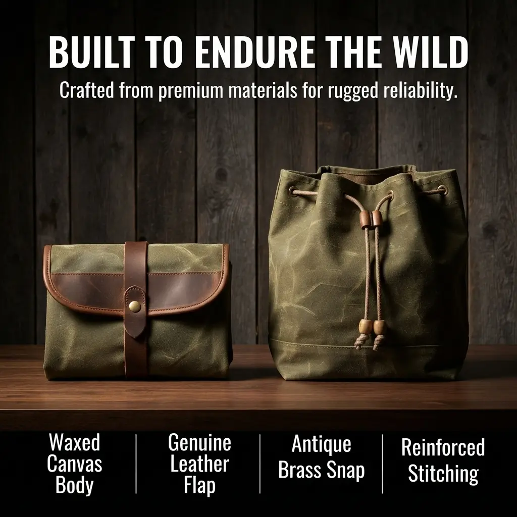 Leather Canvas Foraging Pouch, Collapsible Water Resistant Folding Storage Bag, Bushcraft Belt Mushroom Bag, Outdoor Pack for Hiking, Camping & Travel