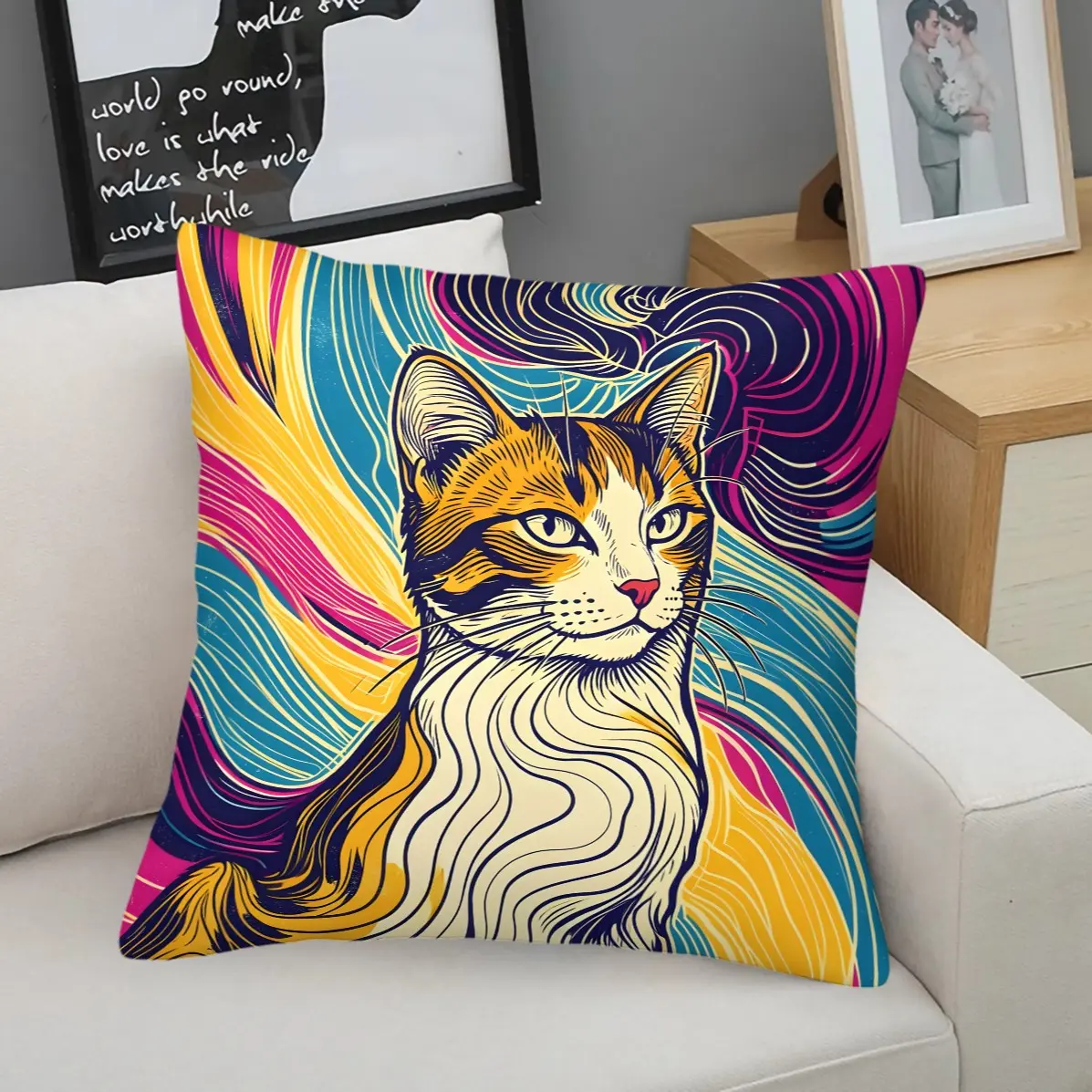 Vintage Line Drawing Cat Print Square Throw Pillow With Insert, Gentle Swirl Wave Designs, Soft Home Decor, Versatile Aesthetic Cushion For Sofa Bedroom