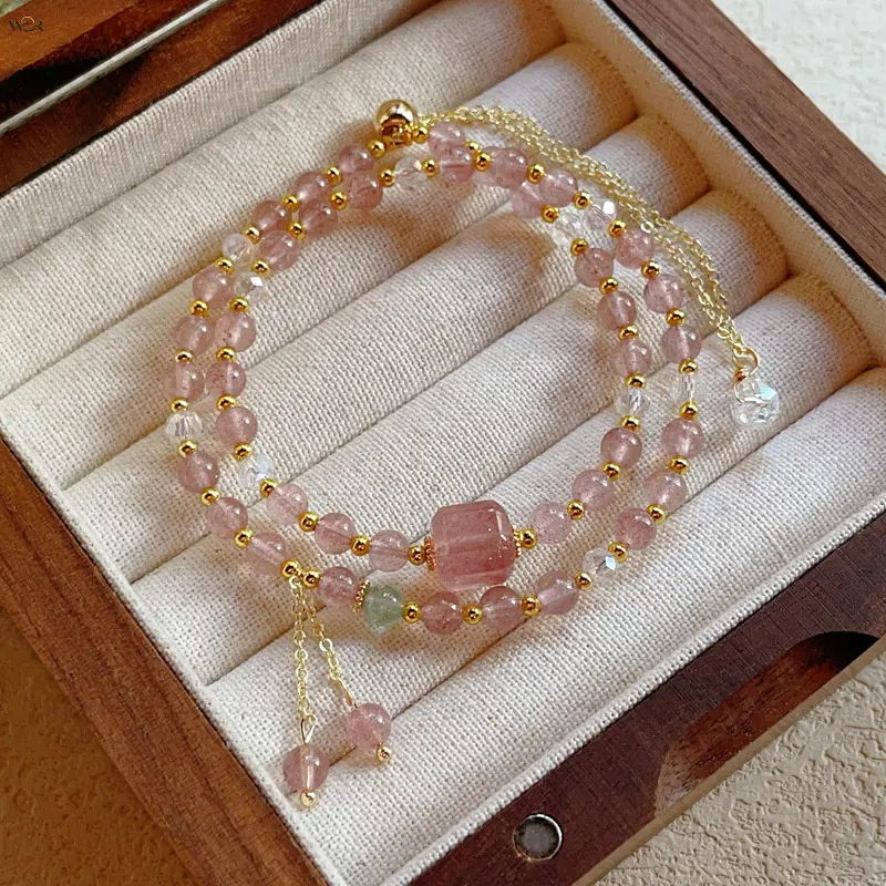 Female Dainty Double Strand Natural Pink Strawberry Quartz Beaded Bracelet - Gold Adjustable Chain, Green Aventurine Accent Crystal, Stackable Daily Wear Costume Jewelry Gift