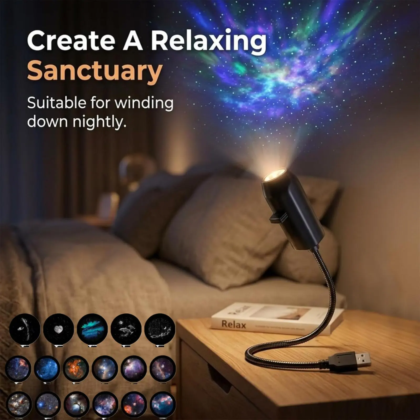 2-in-1 Galaxy Projector Night Light, USB Starry Sky Night Light Projector with Adjustable Brightness, Mini LED Projection Lamp for Bedroom Ceiling Wall Room Decor, Atmosphere Night Light (17 Projection Films)