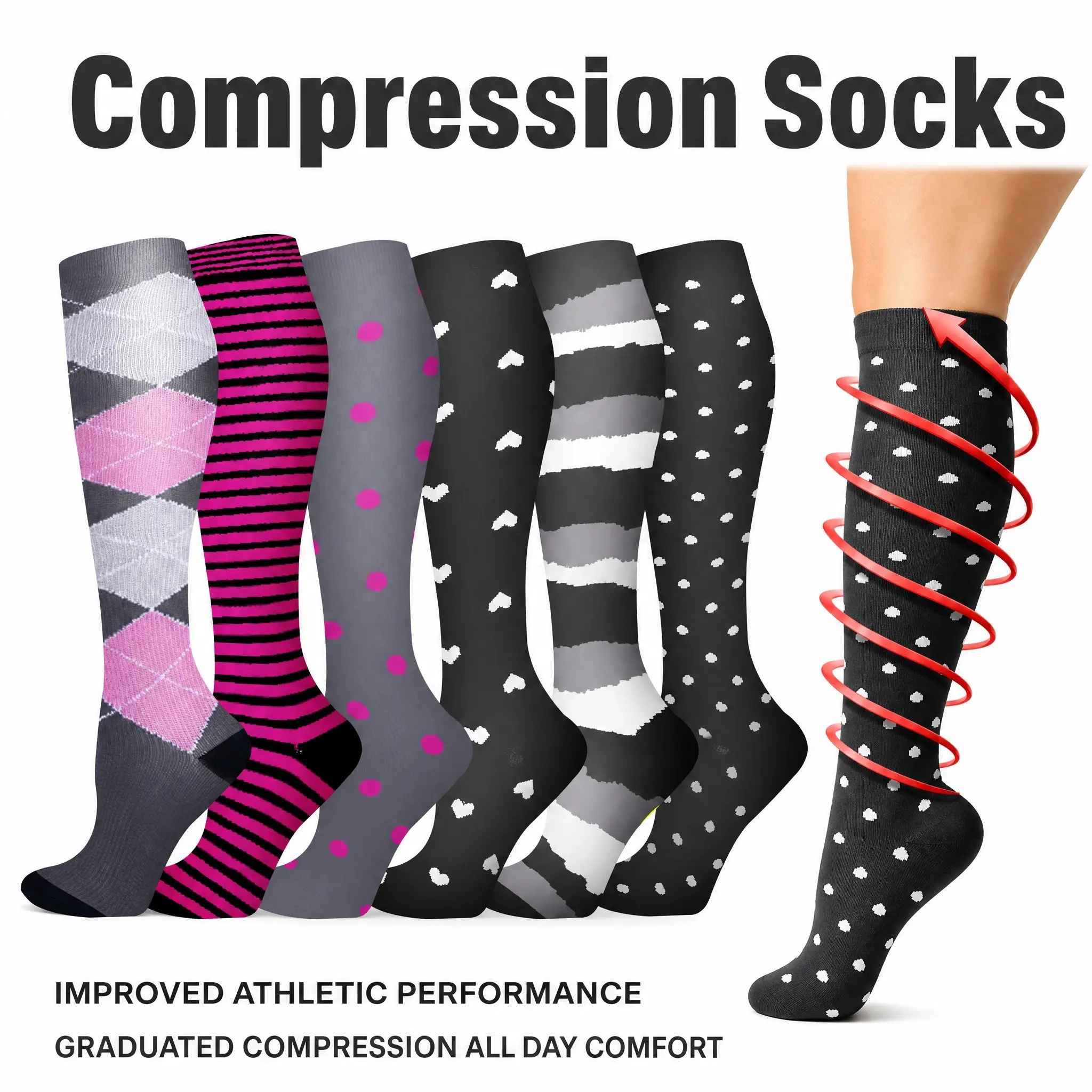6 Pairs Graduated Compression Socks with 15-20mmHg Support  Colorful Healthcare Themed Design for Improved Circulation & Reduction, Polyester Fabric, Hand Wash Only, Healthcare Socks,Checkered Pattern,Polyester Socks,Compression Sock Womenswear Breathable