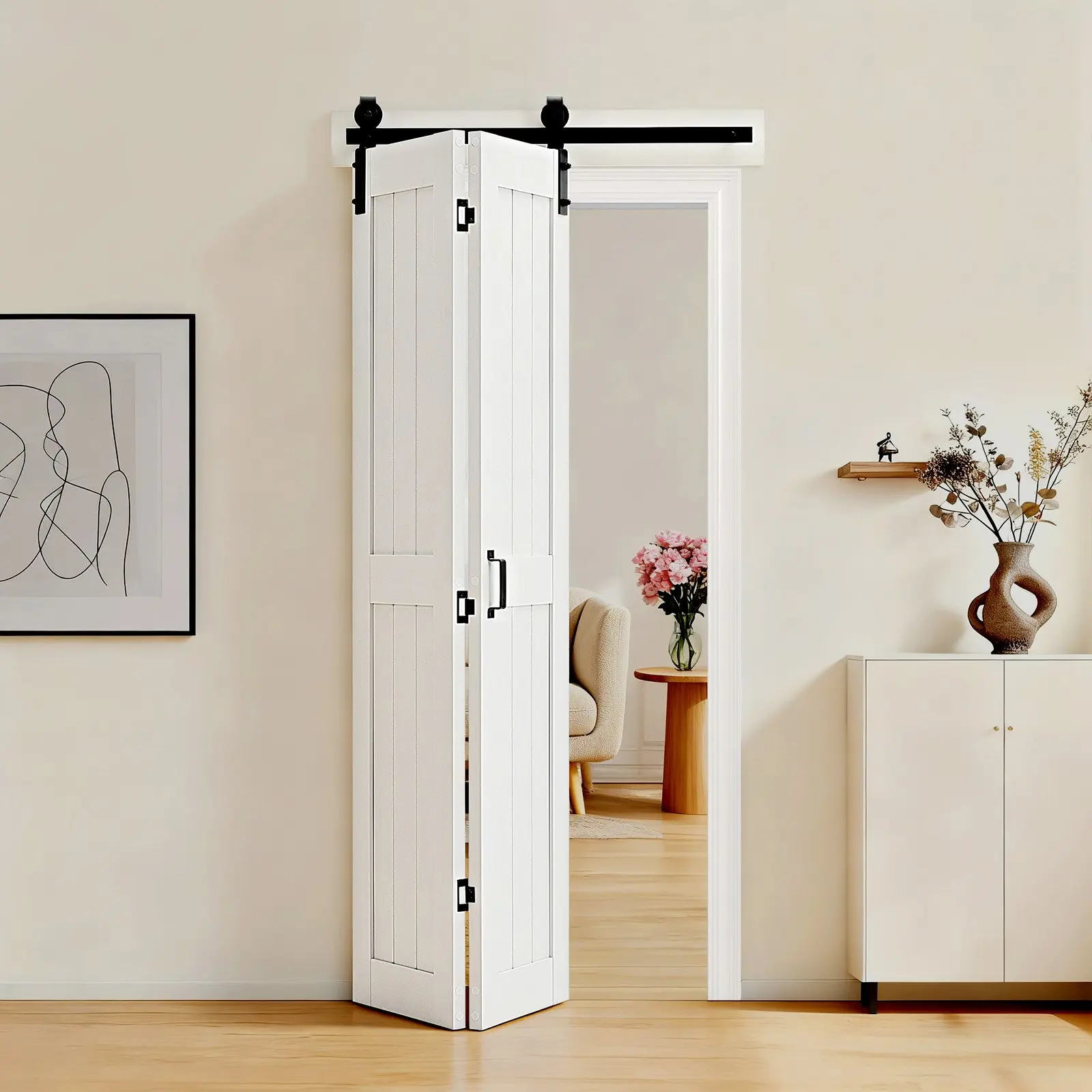 VEVOR Bifold Barn Door, 36" x 84", MDF Bi-Fold Sliding Closet Doors, Hardware Kit Included, H-Frame Space-Saving Design, Need to Assemble, for Bedroom, Living Room, Wardrobe and Room Divider, White