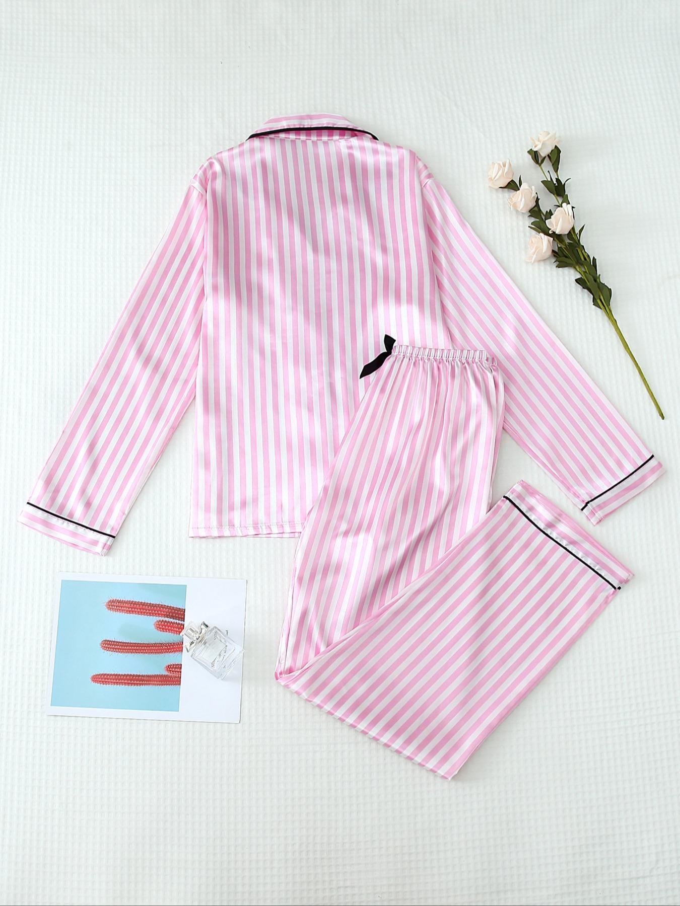 Two-Piece Set Women's Striped Print Lapel Neck Pocket Shirt & Bow Decor Pants Satin Pyjama, Long Sleeve Button Up Top & Trousers PJ Set, Women's Sleepwear for Spring & Fall