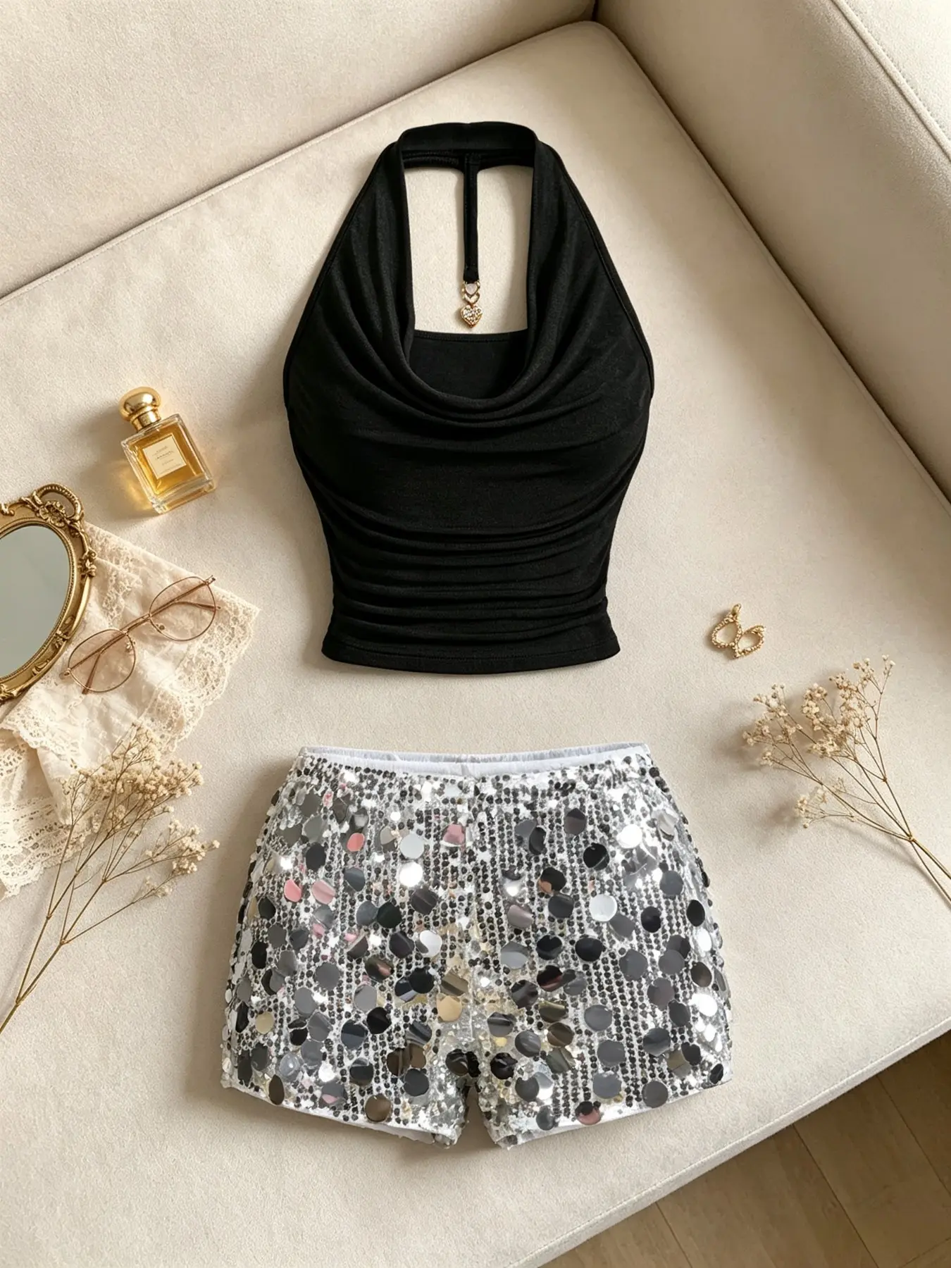 Women's Two-Piece Sequin Set, Halter Neck Drop Shoulder Short Top with Sequin Shorts, Nightclub Party, Stylish Evening Wear