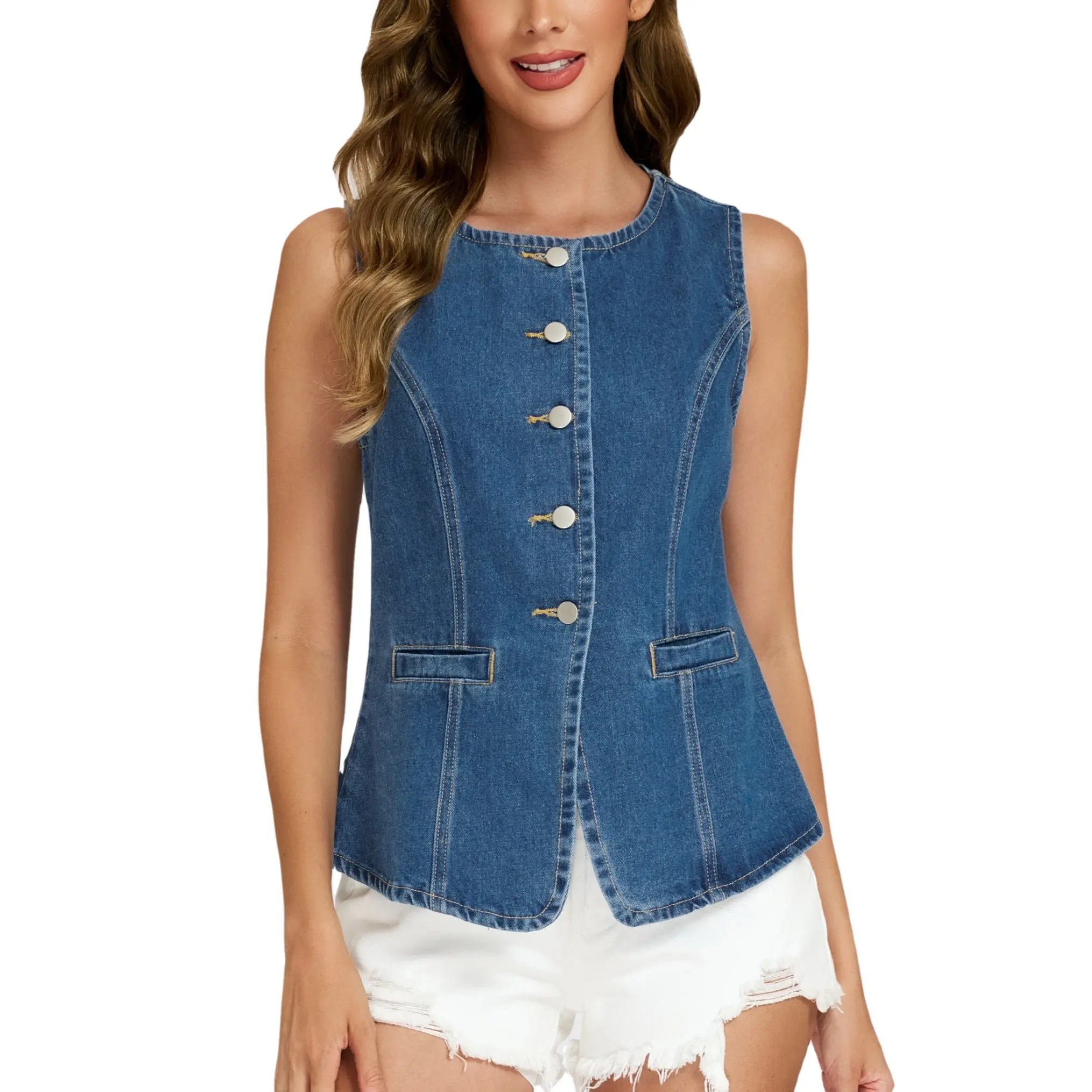 Women's Slim Fit Cotton Blend Denim Vest - Button-Down, Sleeveless, Back Tie, Machine Washable Jean Top