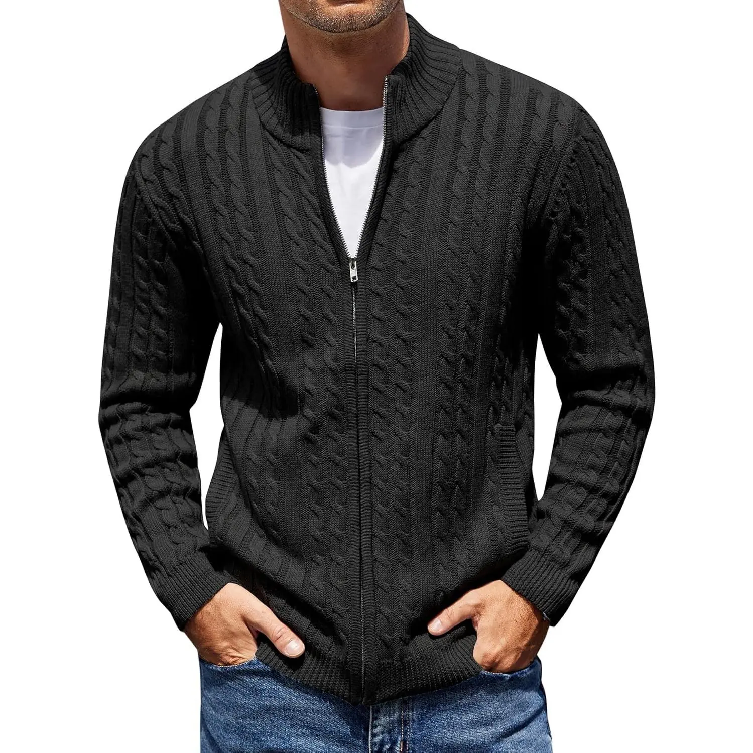 Men's Classic Fashion Full-Zip Cable Knit Slim-Fit Long-Sleeve Soft Thermal Cardigan Sweater with Pockets, Office-Ready Zipper Knitwear Fabric