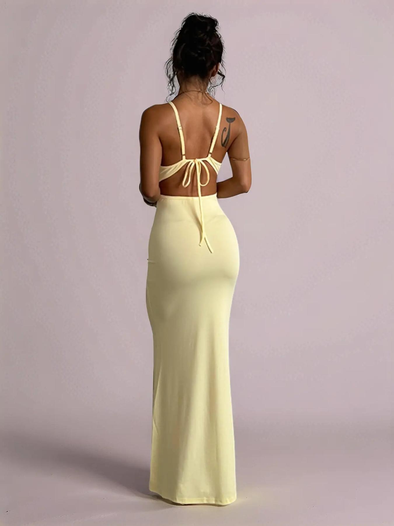 Wowdark Plain Slim-Fitting Backless Dress, Elastic Waistband Design, Sexy Style, Perfect for School & Casual Wear