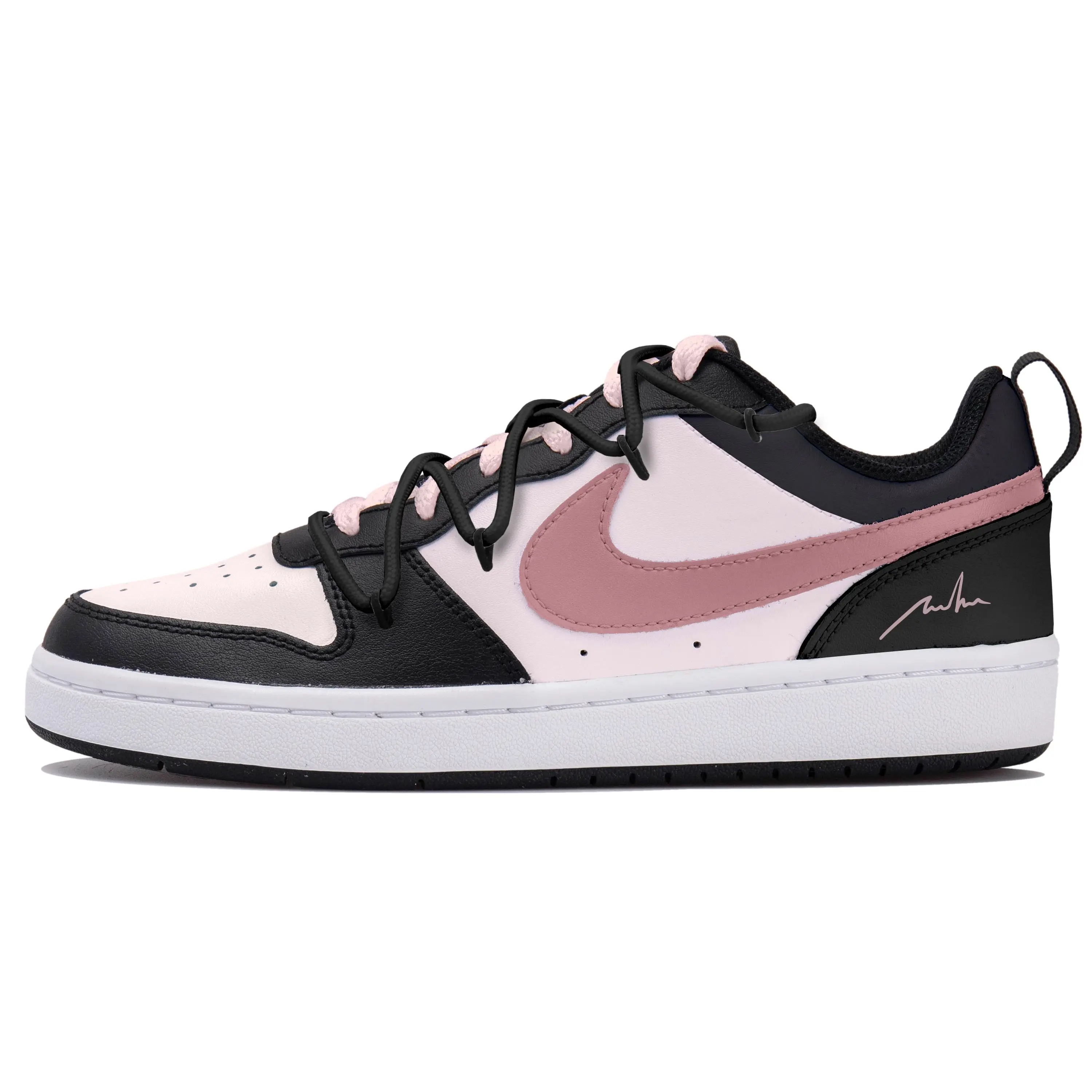 Nike Court Borough OKHR Custom Sneakers for Women: Distressed Deconstructed Style with Pink-Black-White Colorway and Graffiti Details Verifiable, with credentials and supporting global authentication