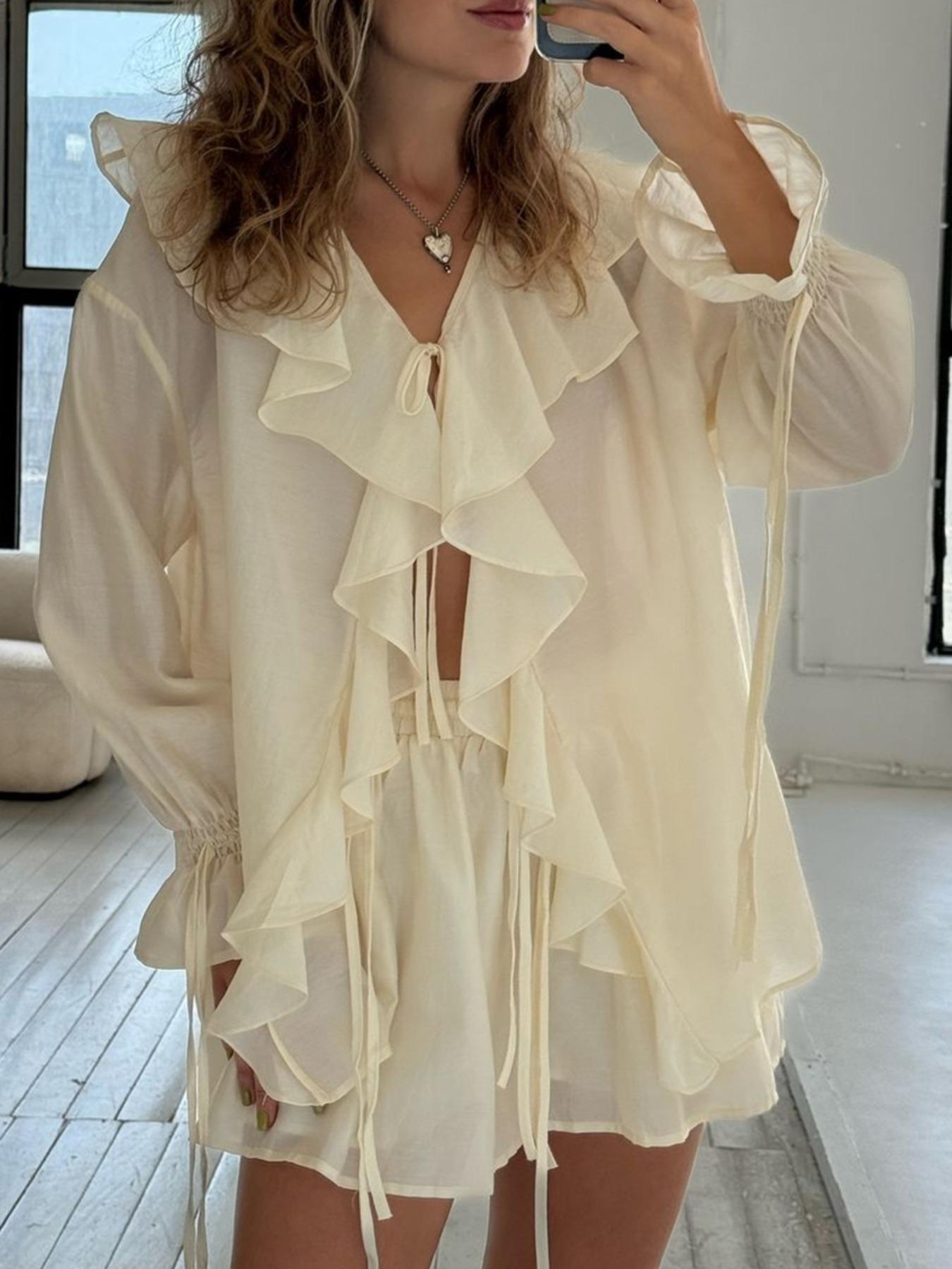 Women's Solid Ruffle Trim Blouse & Shorts Two-Piece Set, Casual Bishop Sleeve Long Sleeve Top & Shorts for Daily Wear, Ladies Two-piece Outfits for Summer