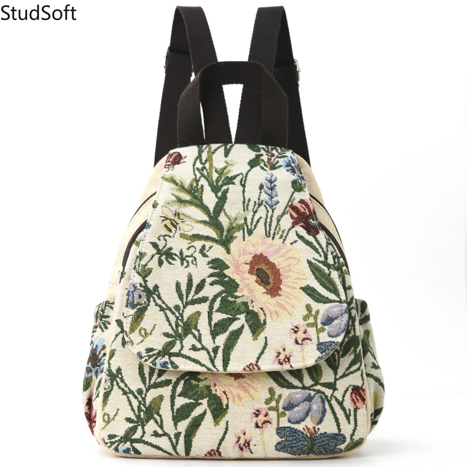 Women's Vintage Floral Print Sunflower Motif Jacquard Tapestry Backpack - Cottagecore Aesthetic Casual Daypack for School, Travel (Sports & Outdoor Accessory)