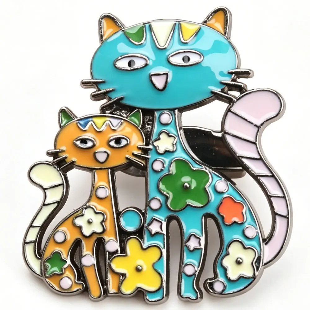 Enamel Brooch Pin Unisex Colorful Floral Cat Pair Badge Cute Whimsical Animal Accessory for Backpacks Jackets