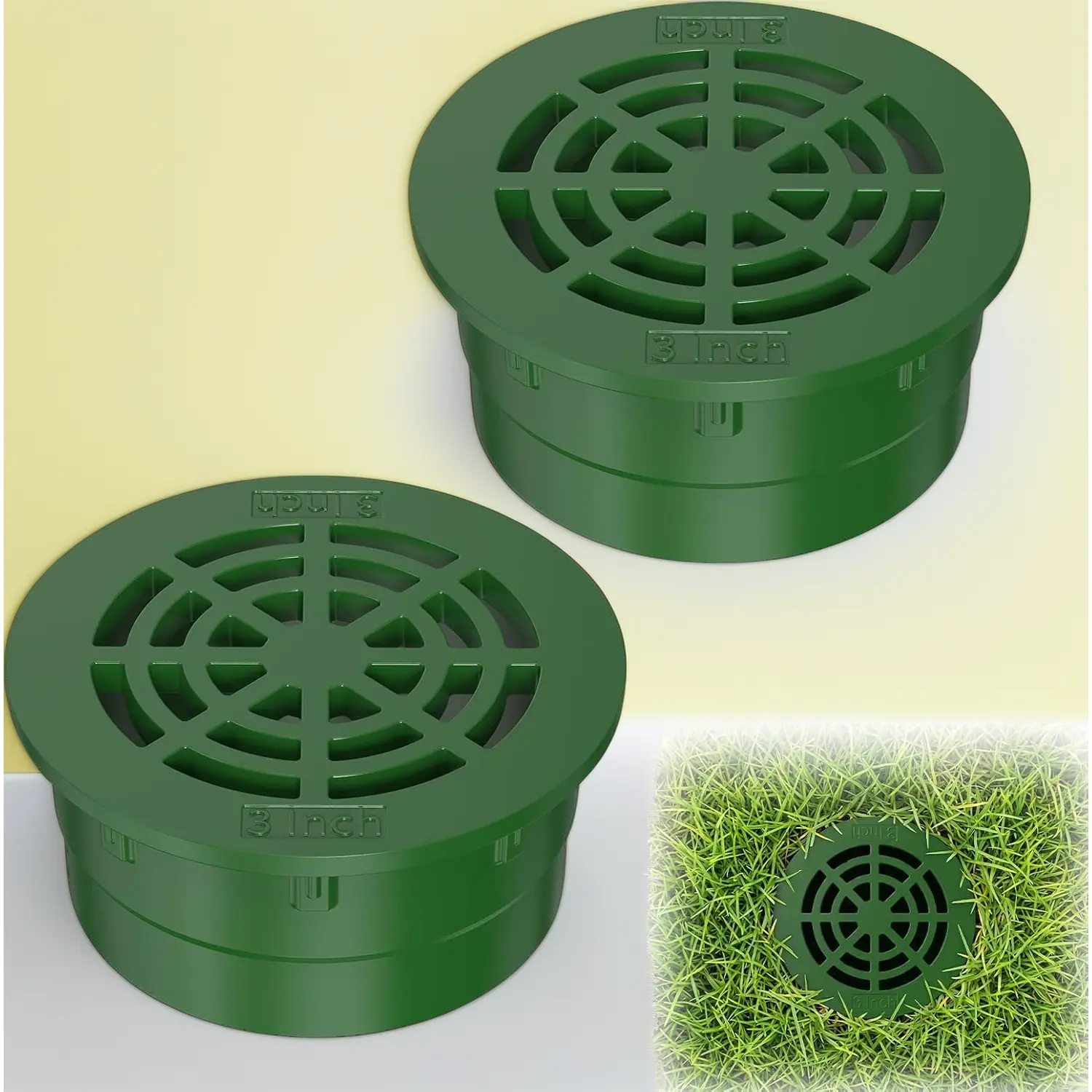 Low Profile 3" Round Drainage Grate Cover (2 Pack) – Outdoor Drain Cover for SDR 35 Sewer & Drain Pipe, Single-Wall Corrugated Pipe – Easy Installation Lawn Drain Cover