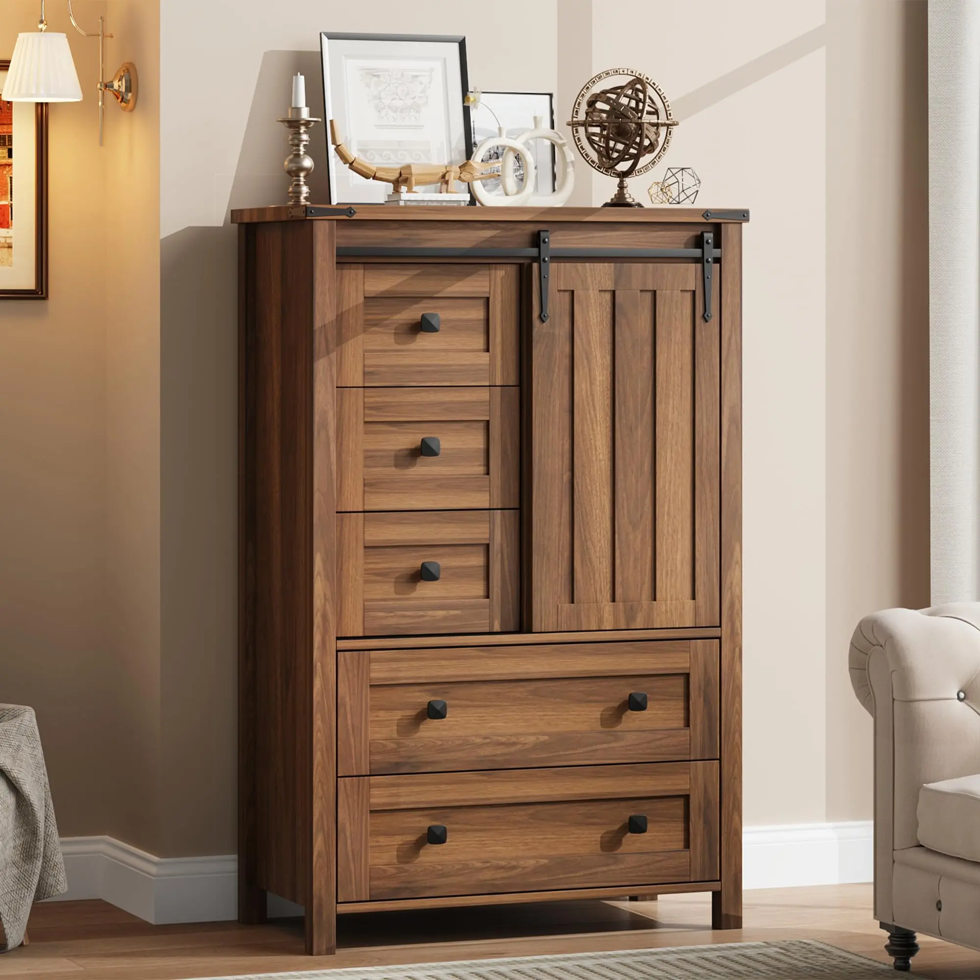Farmhouse 5 Drawer Dresser for Bedroom, 48" Tall Wood Dressers Chest of Drawer with Sliding Barn Door, Adjustable Shelf, Storage Organizer for Bedroom, Hallway, Living Room, Kitchen, Walnut