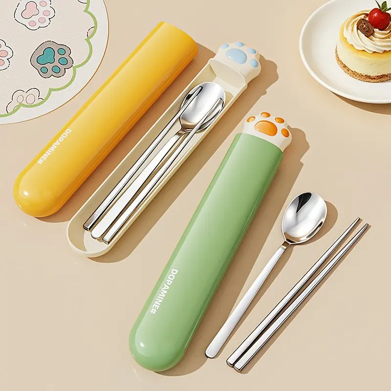 Portable Cutlery Set, Cute Cat Paw Design, Three-Piece Tableware Kit, Spoon Fork Chopsticks, Student Friendly, Compact Storage Box, Travel Cutlery Set