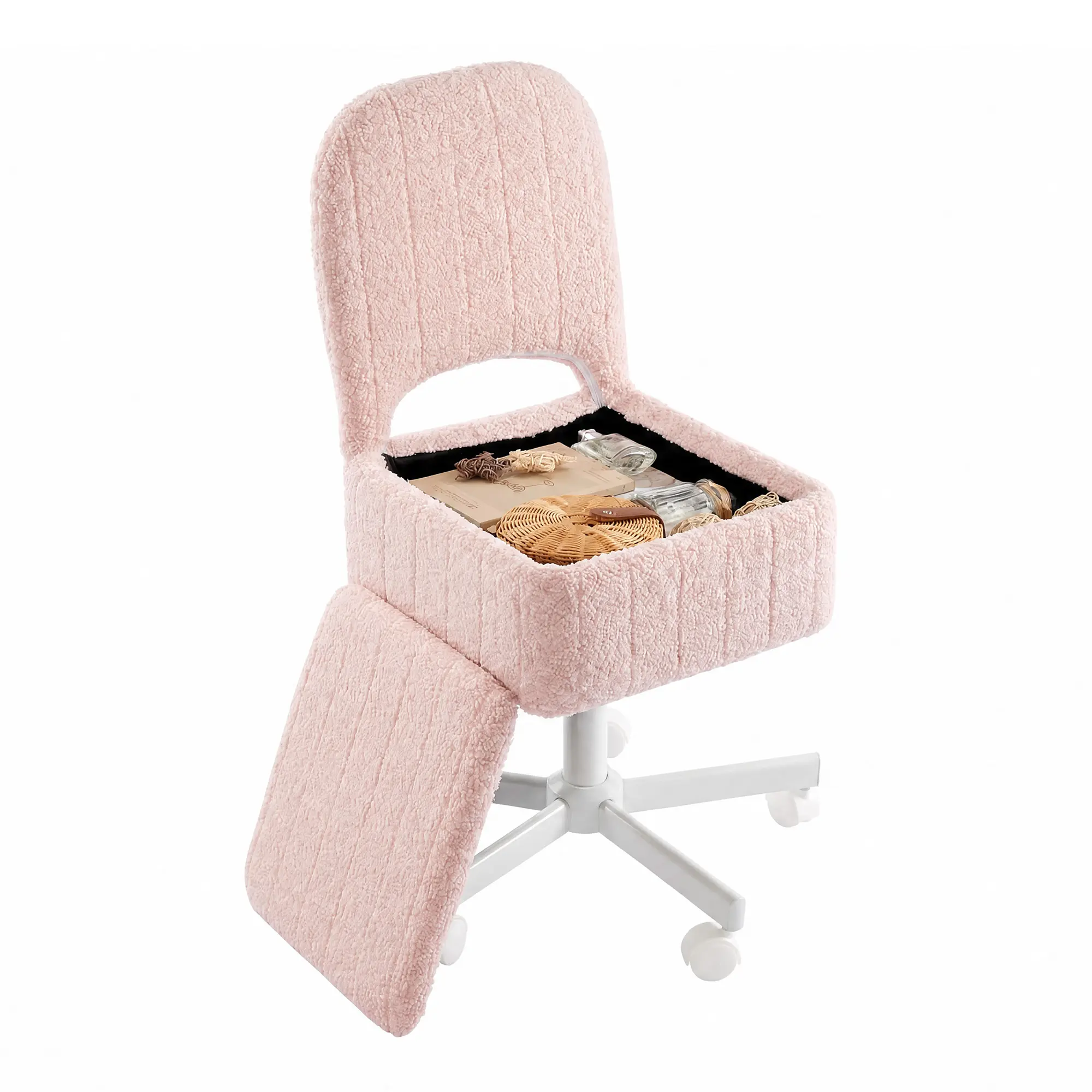 Vanity Stool Chair with Storage and Folding Back, Height Adjustable Lift Ottoman with 360° Swivel and Quiet Wheels, Soft Faux Fur Seat Stool for Makeup Bedroom Living Room Office,dorm essentials,home decor