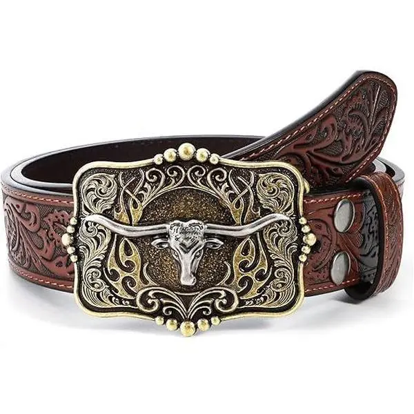 Western Cowboy Belt with Removable Longhorn Bull Buckle & Tooled Floral Pattern