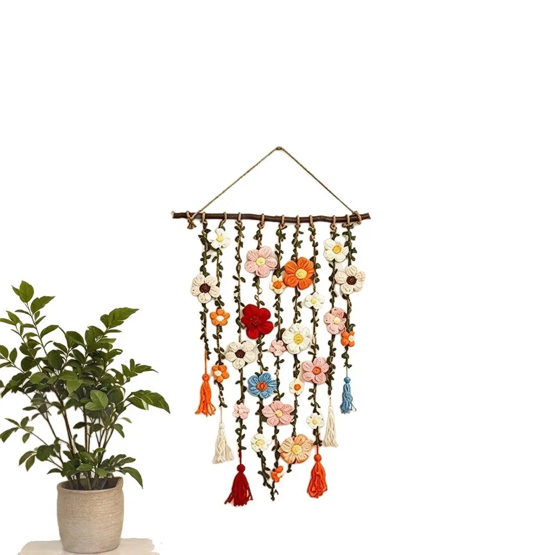 Creative Crochet Floral Vine Wall Hanging, Boho Hand Knitted Flower Tapestry for Bedroom Home Decor, Wall Decor Aesthetic