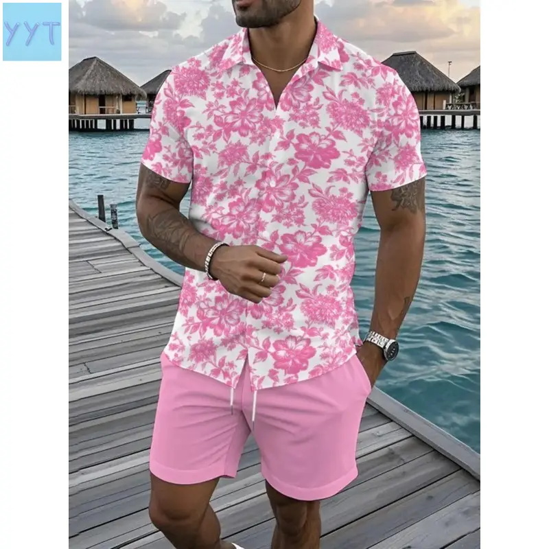 YYT1  Men's tropical floral print shirt and shorts two-piece matching resort wear set, regular fit casual short sleeved collared top and shorts, beach vacation men's clothing