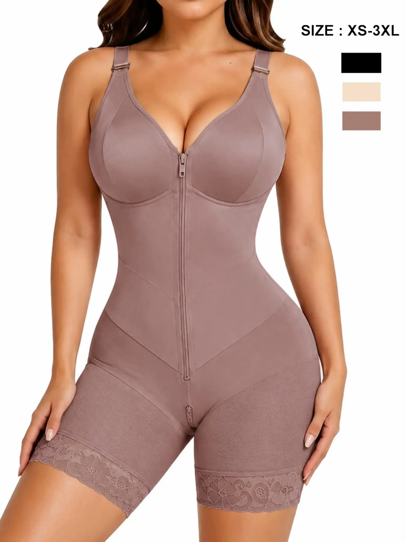 Women's V-Neck Seamless Shapewear Bodysuit, Front Zipper, Adjustable Straps, Breathable Stretch Fabric, Tummy Control, Butt Lifting, Leg Bands