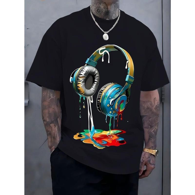 Men's Navy Blue Graphic Tee with Vibrant Headphone Print - 180g Thick Cotton, Casual & Trendy, Short Sleeve Crew Neck T-Shirt, Machine Washable for Summer Fashion, Street Fashion Tee |   Graphic Print Shirt |   Durable Casualwear