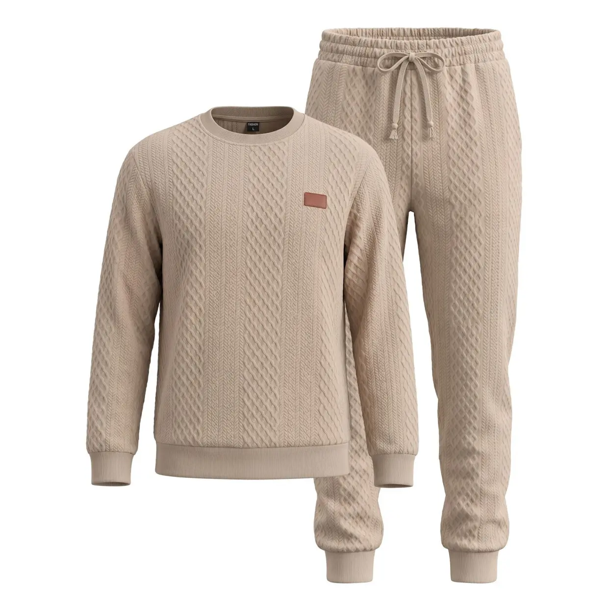 Men’s Cable Textured Sweatshirt And Jogger Pants Set, Relaxed Fit Crew Neck Pullover With Drawstring Sweatpants, Casual 2-Piece Tracksuit For Fall Winter, Lounge, Travel And Streetwear