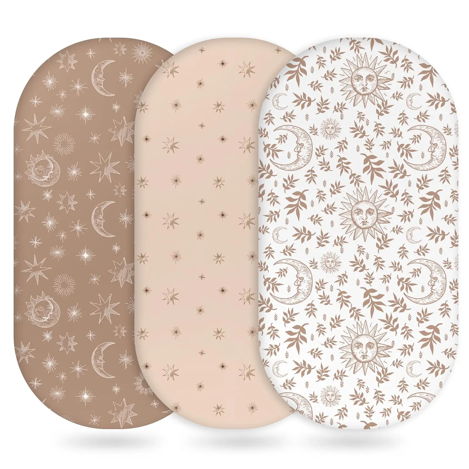 Baby Bassinet Sheets Girl Boy, Fitted Bassinet Sheet Set 3 Pack Bassinet Mattress Sheets Fit for Rectangle, Round, Oval, Hourglass Mattress, Soft Breathable White Brown Sun God
