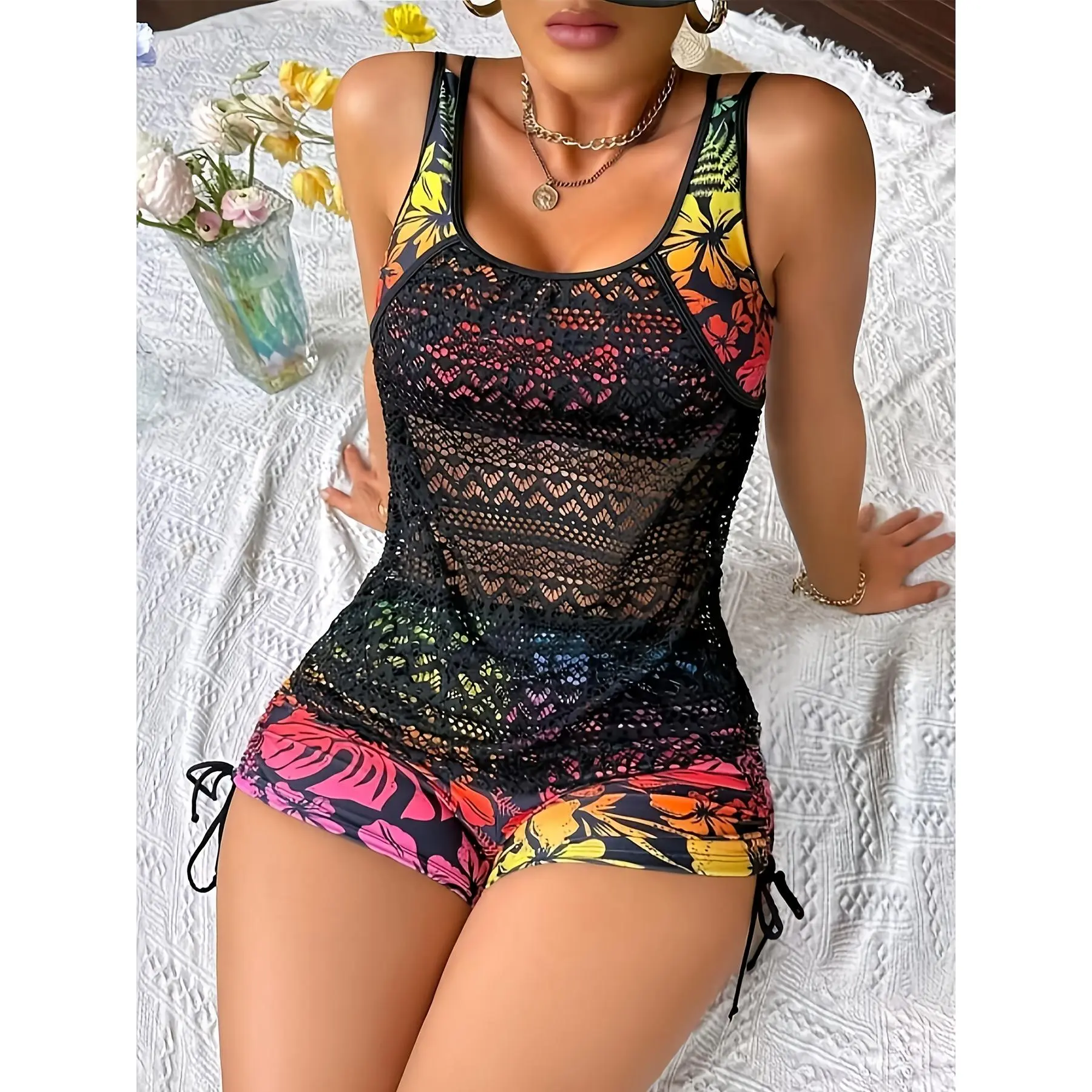 New Arrival Women's Sexy Lace Quick-Dry Two-Piece Bikini Swimsuit Set, Solid & Printed Color Block Mix Design, Mesh Modest Tummy Coverage, Ideal for Pool Parties & Beach Vacations, Elegant Chic Casual Split Two-Piece Swim Outfit