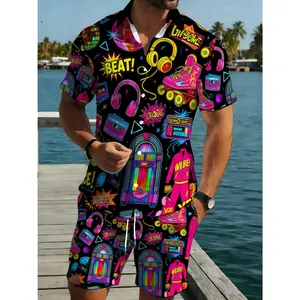 Men'S Short Sleeve Shirt And Pants Set Featuring a Neon 80S Music Theme, Ideal for Casual Wear Or Parties, Perfect for Summer Outings And Outdoor Activities