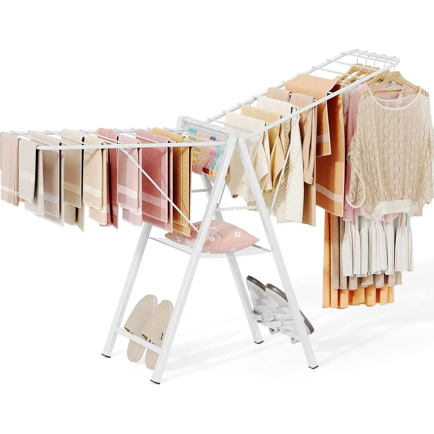 Foldable Metal Laundry Drying Rack, Collapsible Gullwing Clothes Airer with Adjustable Height for Towel Baby Clothes, Indoor Outdoor Use, White