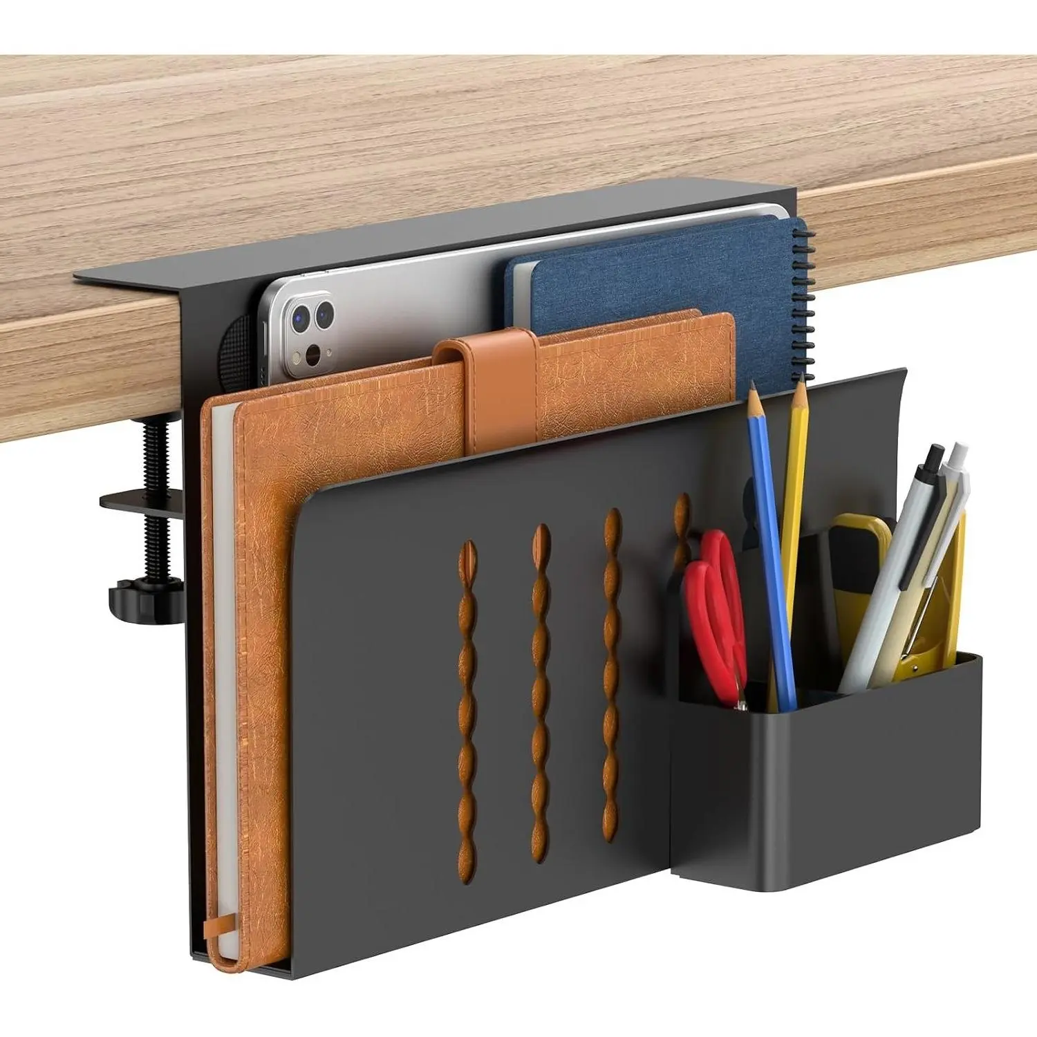 Single-Layer Steel Hanging Desk Side Storage Organizer with Magnetic Pen Holder, No-Drill Under-Desk Drawer Cable Management Tray, Laptop Holder for Office, School & Home (Black)Gift