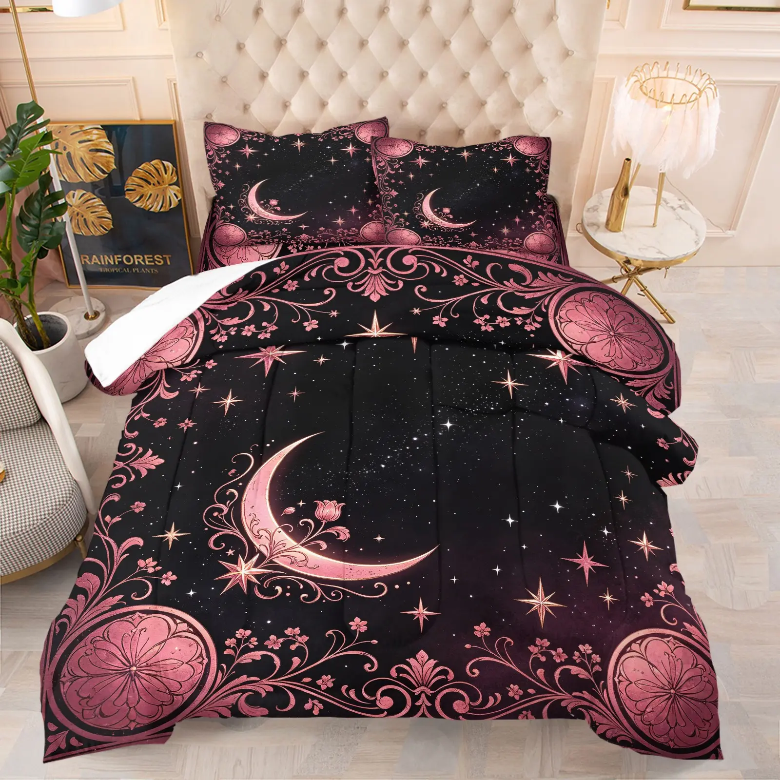 Black Starry Pink Floral Crescent Moon Star Comforter Set, Printed Bedding Set, 1 Comforter + 1-2 Pillowcases, Soft Washable Microfiber Bed Quilt, HD Digital Print, Witchy Gothic Flower Style, Moon Lover Decorative Bedding Set