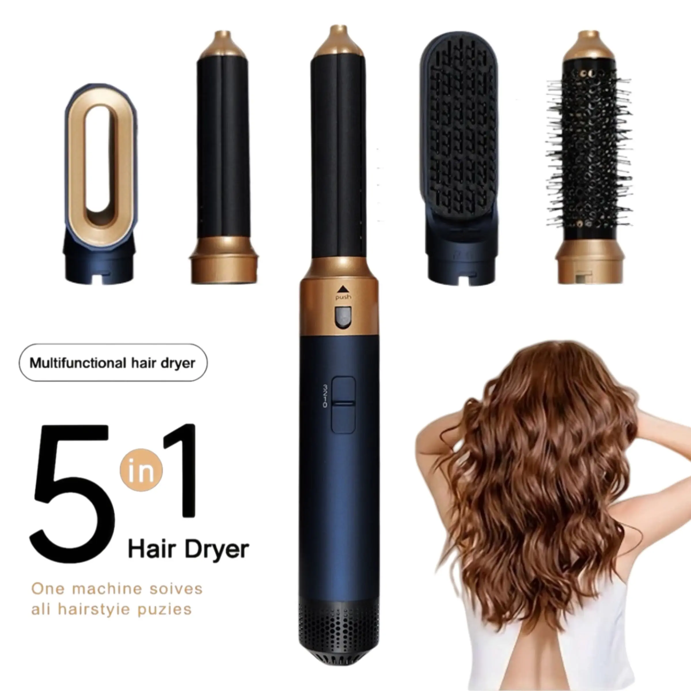 1PC 5-in-1 hair dryer with step-by-step heating air brush, for drying/straightening/curling, comes with interchangeable rotating brush heads, dries hair quickly, automatically curls, straightens, and makes professional styling easy and quick to use.