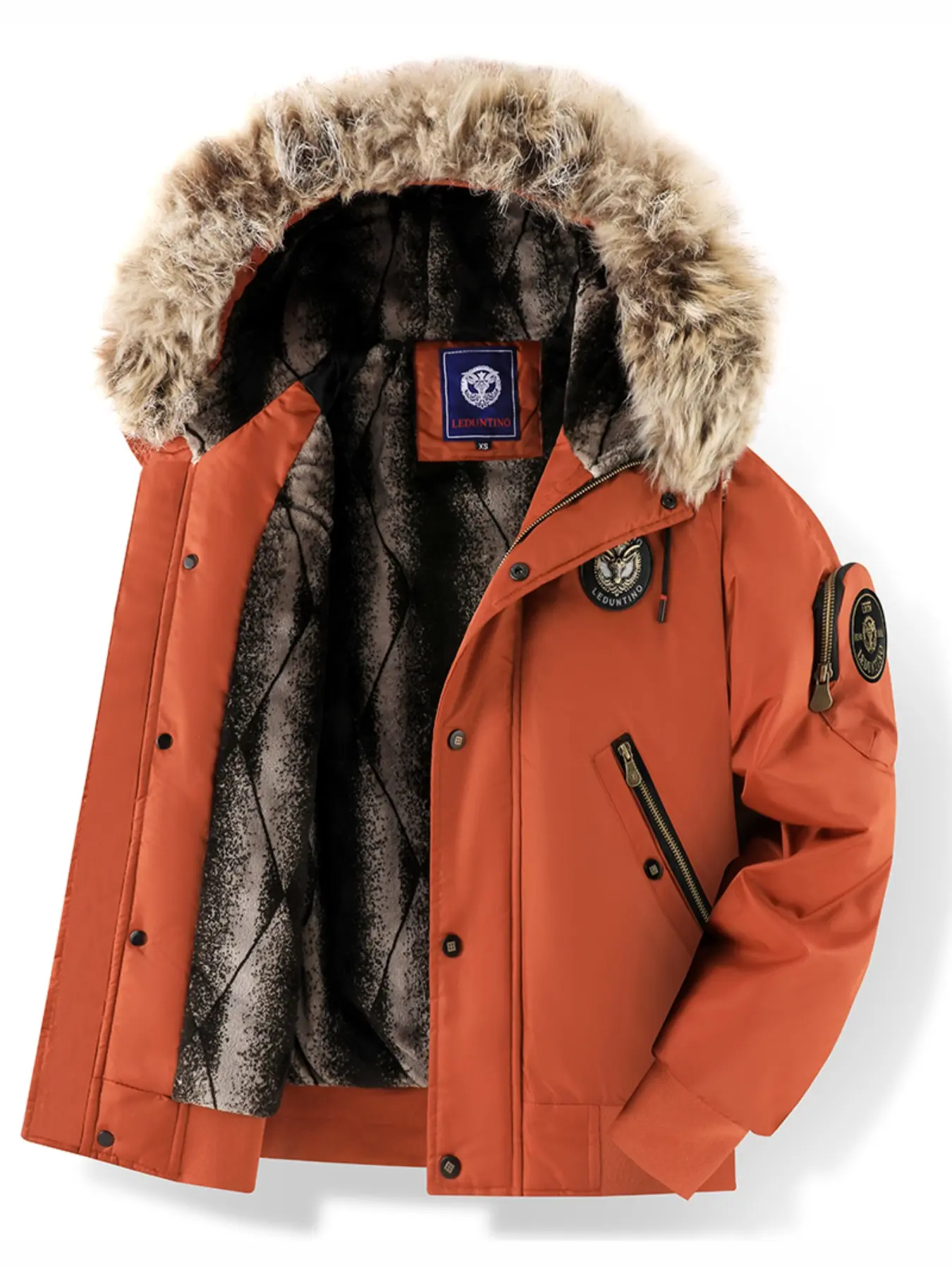 Men's Winter Hooded Fleece Jacket, Warm Waterproof Ski Coat, Zip Pockets, Windproof Outdoor Insulated Parka with Detachable Hat