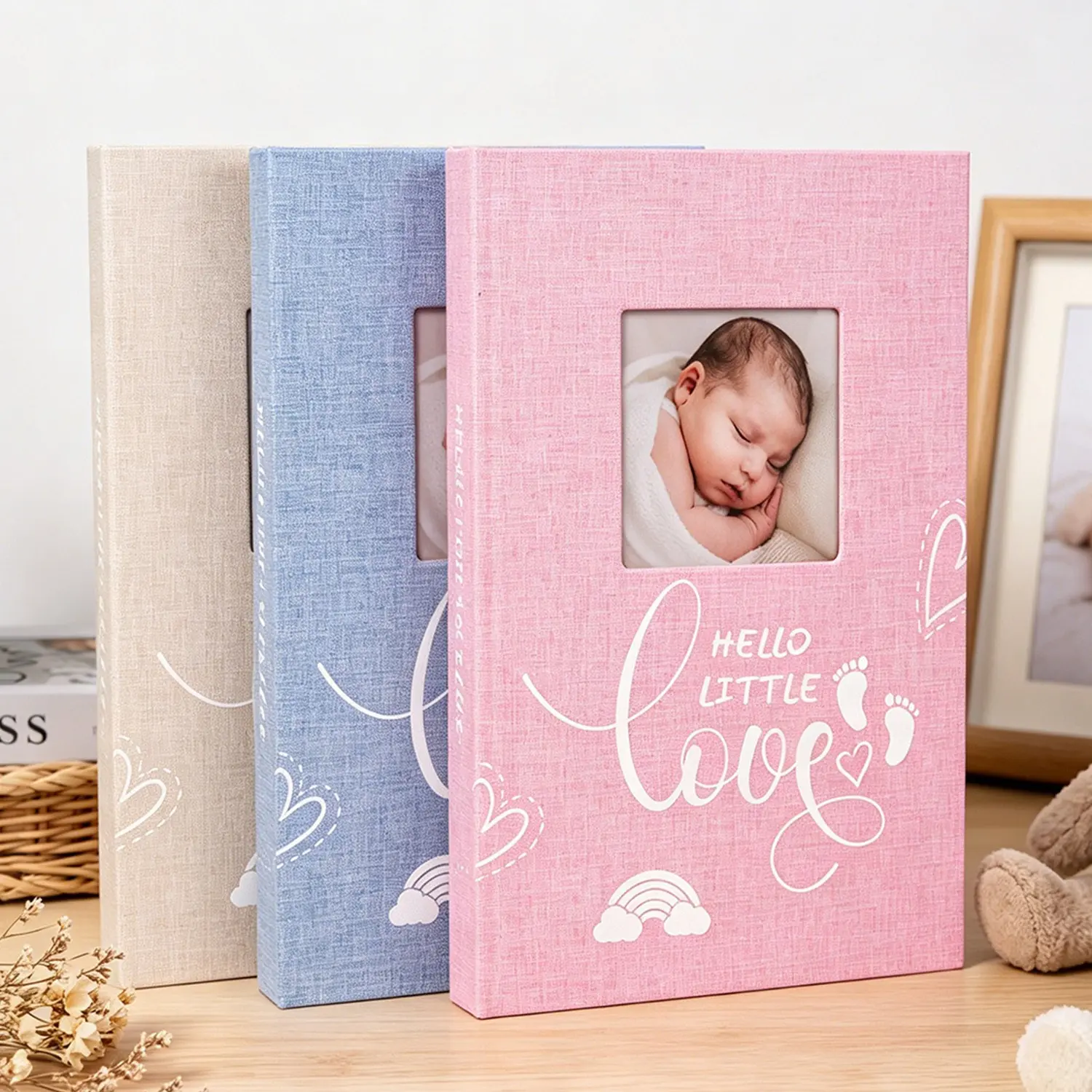 Linseed Album with Front Window, Hello Little Love Newborn Memory Book, Sweet Baby Footprint Rainbow Scrapbook, Party Gift for Parents
