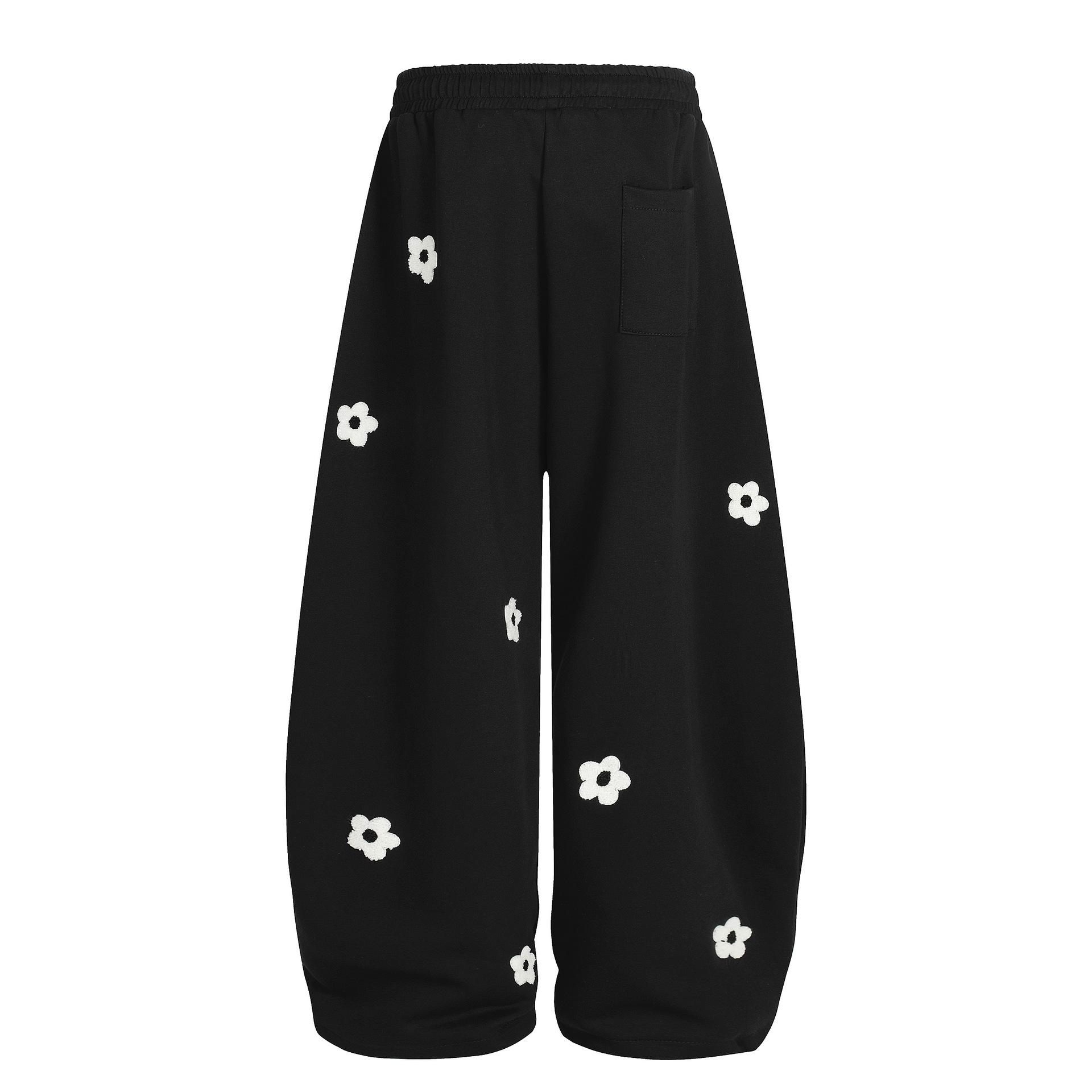 2026 Spring Collection Sweet and Cool Style Floral Embroidery Drawstring Loose Slimming Casual Sports Pants Wide-Leg Sweatpants for Women Menswear Trouser