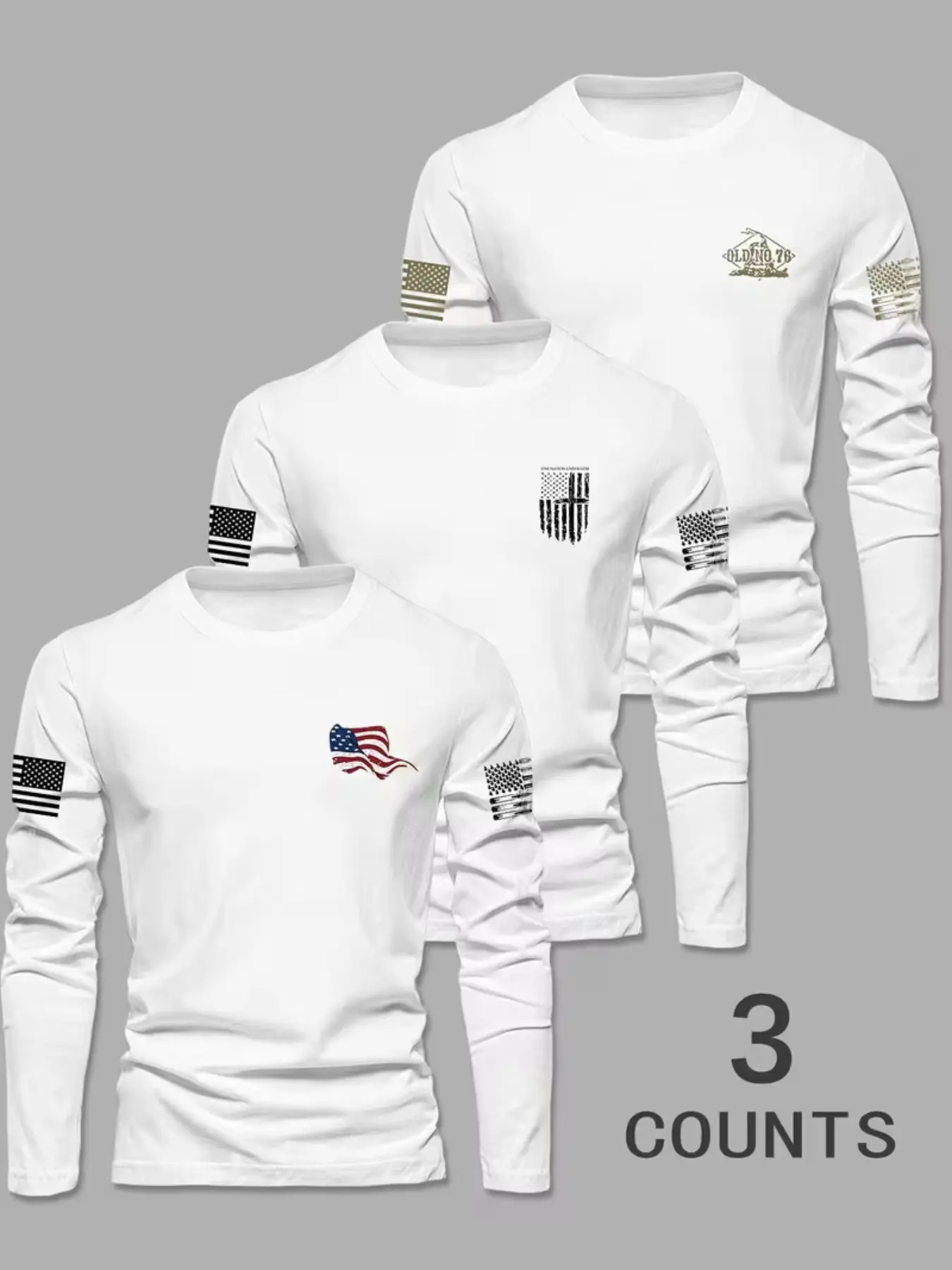 3-Pack Men's Vintage Flag Pattern Long Sleeve Shirts, Casual Round Neck T-Shirts, Loose Fit for Commuting and Travel