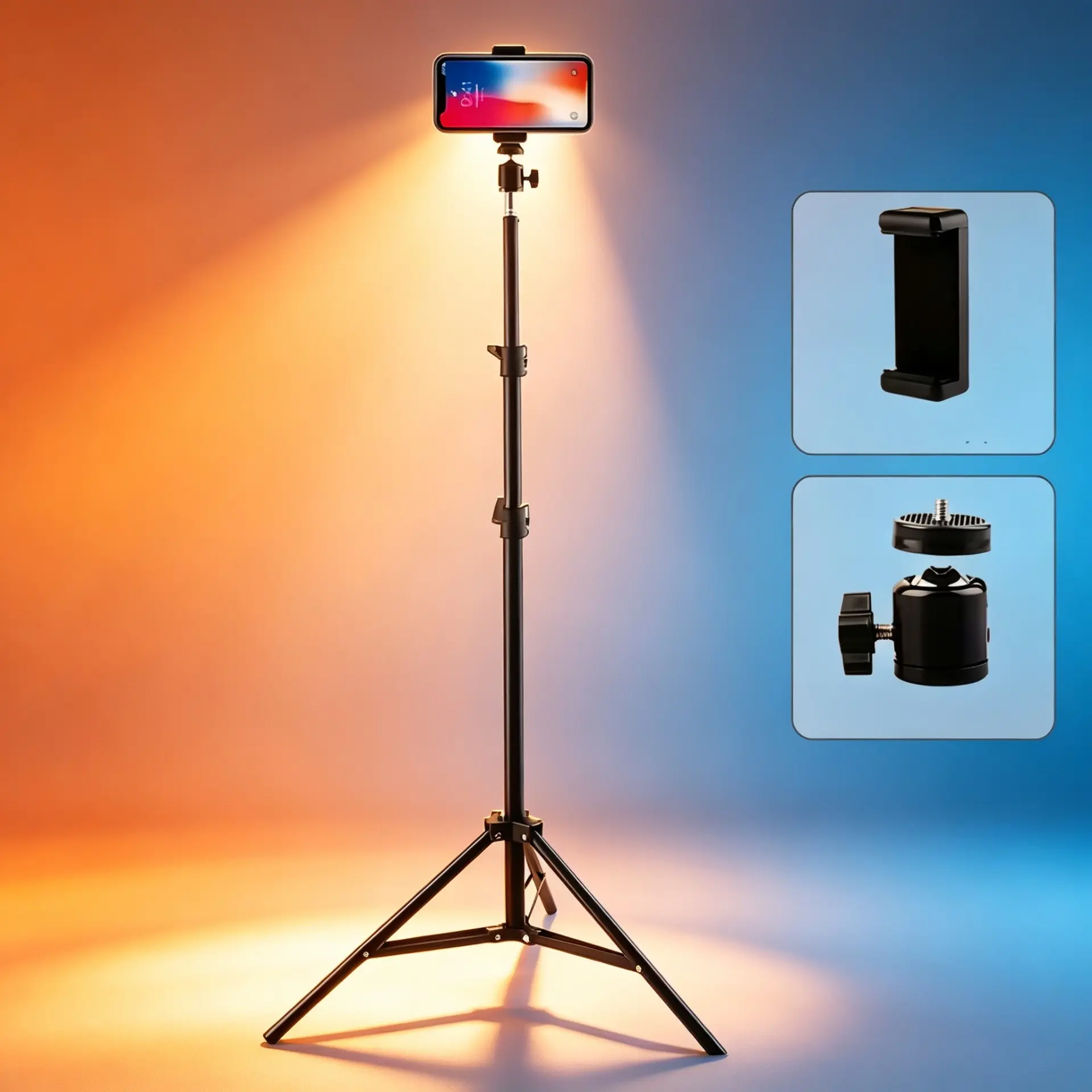 All-In-One Content Creation Tripod Set, 110cm Height, Foldable Metal Stand, Universal 1/4 Screw Interface, Ideal for Camera, Light, Phone, Phone Tripod Holder, Adjustable Folding Tripod