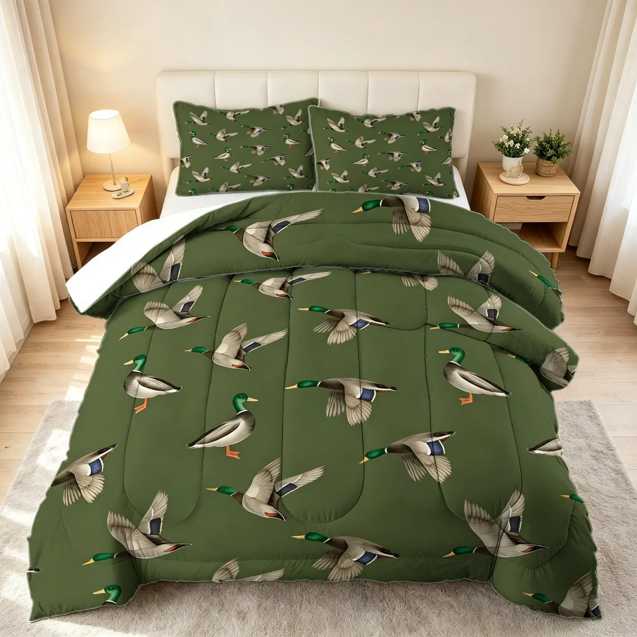 2/3pcs Vivid Mallard Duck Digital Printed Comforter Set, Soft Lightweight Quilt Bedding Set with Matching Pillowcase, Crisp Fade-Proof Unique Hunting Wildlife Pattern, Breathable All-Season Bed Decor for Hunters & Farmhouse Home