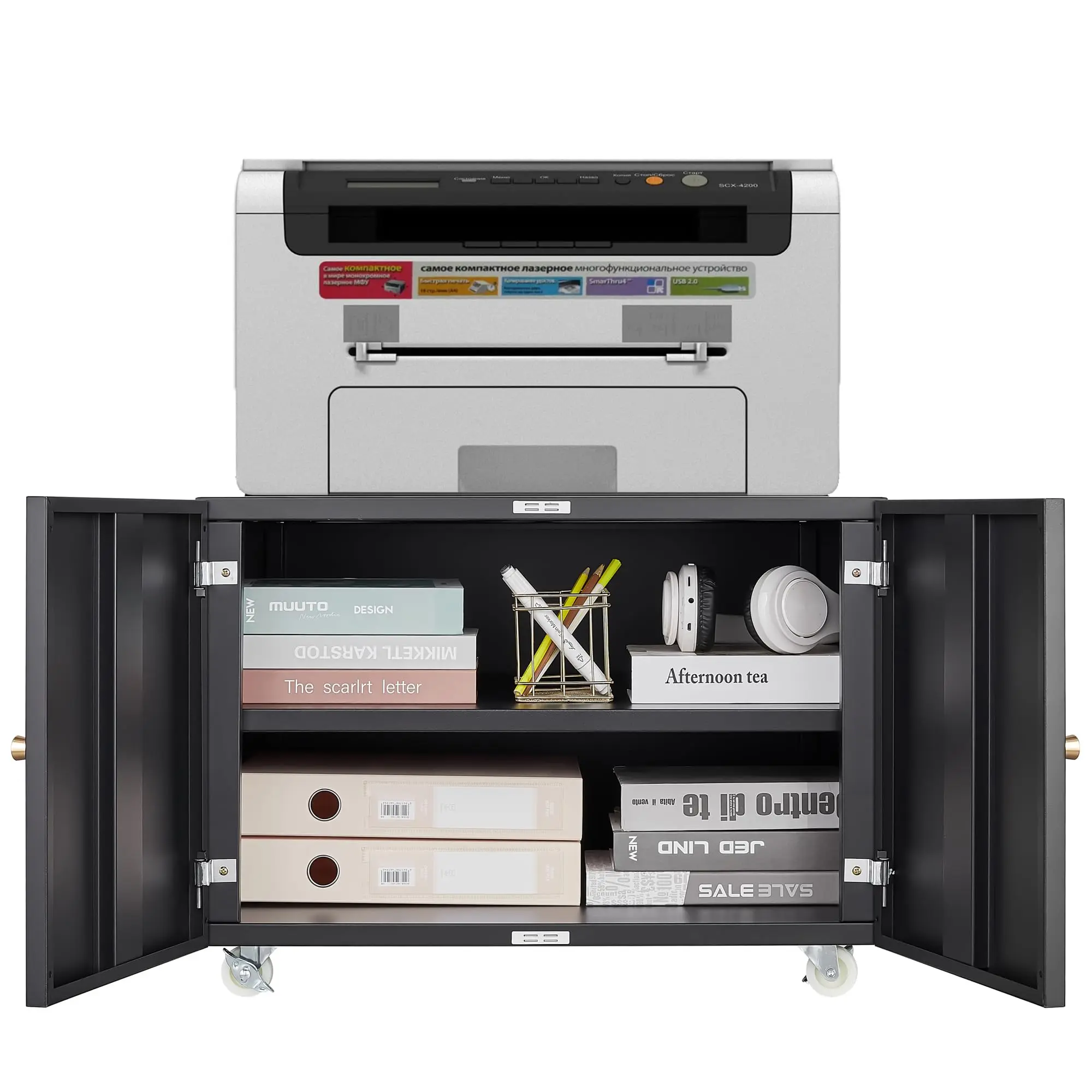 Metal Printer Stand with Storage Filing Cabinet under Desk 3-in-1 Mobile 3D Printer Cart Heavy Duty Rolling Office Organizer with Lockable Doors Adjustable Shelf Multi-Functional Utility Storage Cabinet for Home Office Dorm Black White