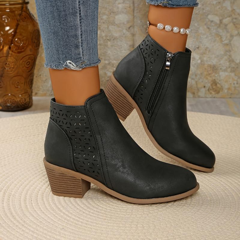 [Chunky Mid-Heel Ankle Boots] Comfortable & Durable Women's Chunky Mid-Heel Slip-On Ankle Boots | Laser-Cut Design, Round Toe, Plastic & PU Cover, All-Season Versatile Casual & Formal Footwear Girl Shoe cowgirl boots