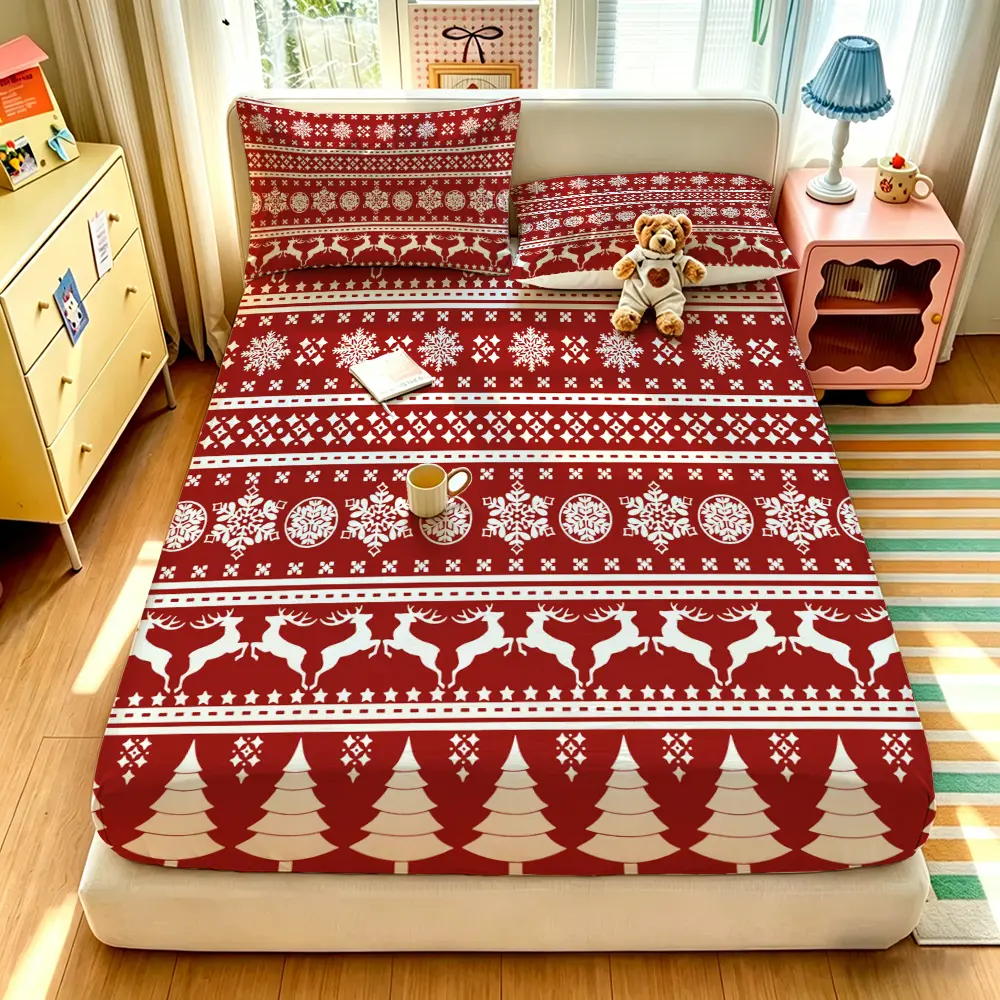 (1 fitted sheet + 2 pillowcases, no filler),Christmas reindeer pine tree pattern,Soft comfy polyester fitted sheet 3-piece bedding set with vivid clear patterns, nice room decor and exquisite gift for home bedroom