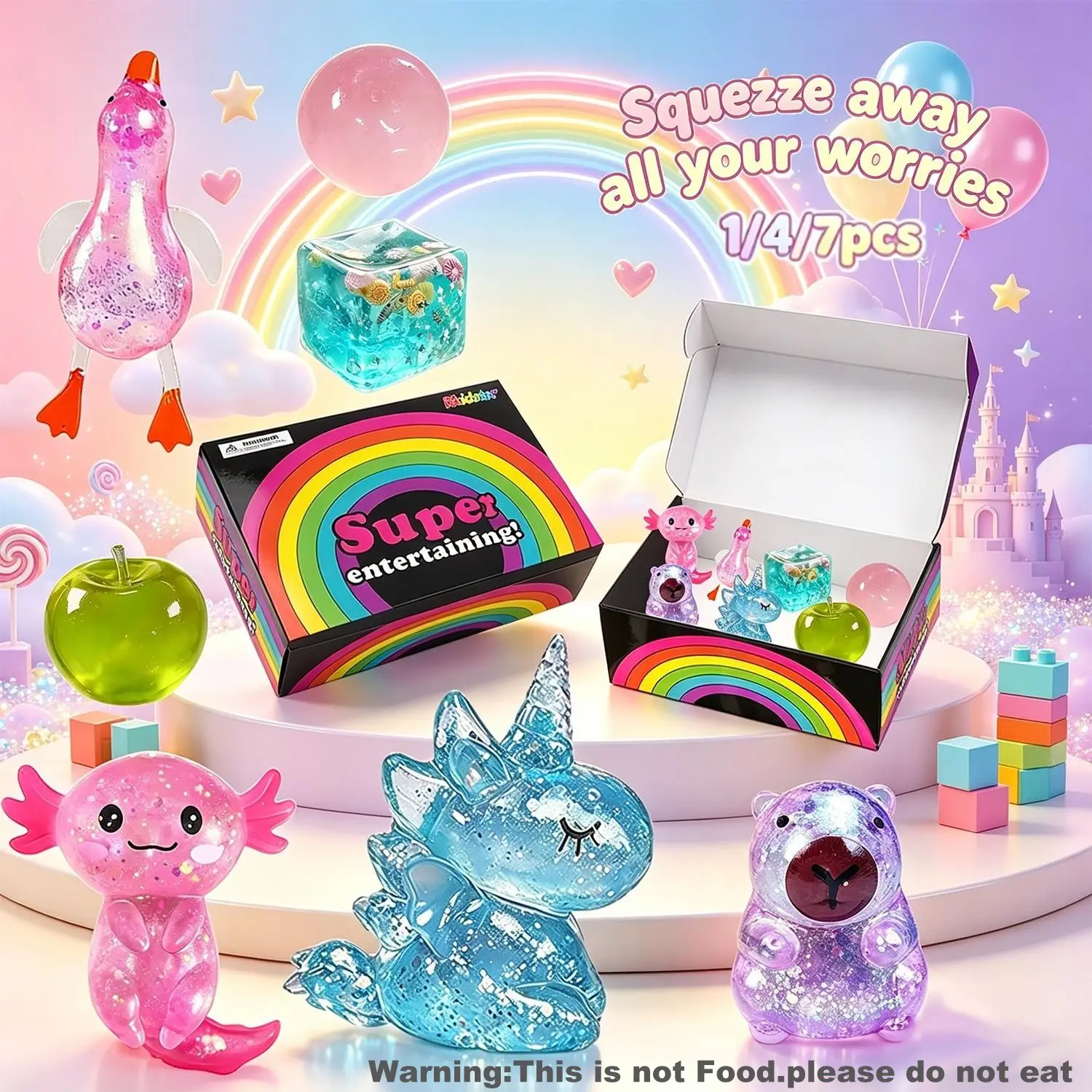 Dreamy Rainbow Squishy Toy 1/4/7Pcs Unicorn Capybara Axolotl Glitter Jelly Stress Relief Kawaii Sensory Fidget Slow Rising Collectible ASMR Satisfying Adult Kids Gift Set Squishies Slow Rising