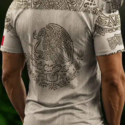 Mexico Aztec Eagle Heritage Soccer T-shirt Top, Menswear, All over Print, Fitted Casual Streetwear Style for All Seasons, Unique Animal and Tribal Design