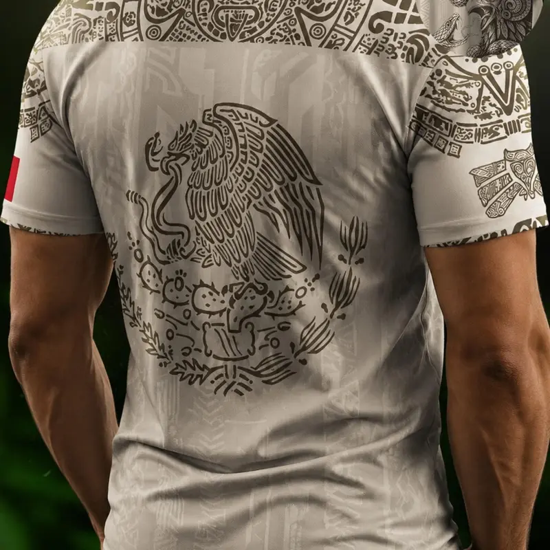 Mexico Aztec Eagle Heritage Soccer T-shirt Top, Menswear, All over Print, Fitted Casual Streetwear Style for All Seasons, Unique Animal and Tribal Design