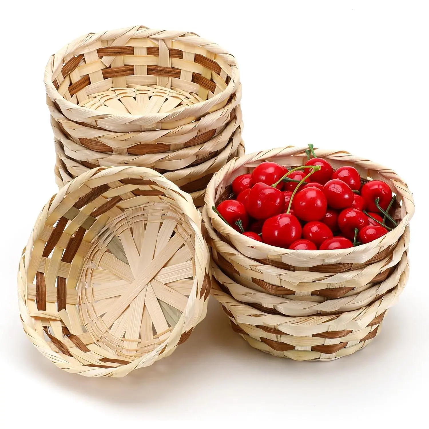 12 Pack Round Gift Baskets, 6.5" Small Bamboo Woven Bread & Fruit Baskets, Food Storage Serving Basket for Kitchen, Restaurant, Centerpiece Display, Party, Wedding, Small