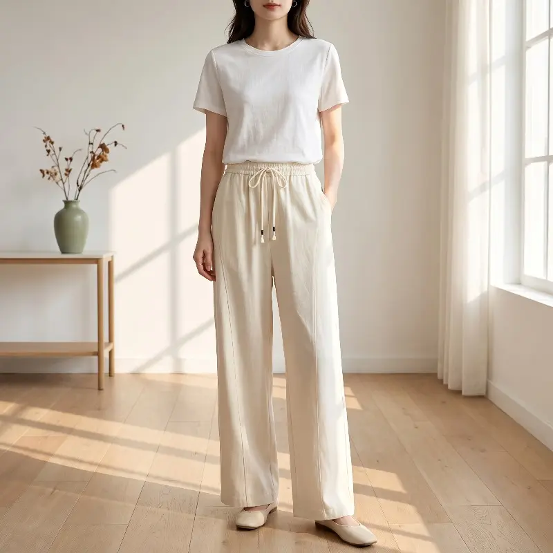 Tencel-Cotton Cropped Trousers: Lightweight, cool-touch, straight-leg, wide-leg, loose-fit, wrinkle-free, high-waisted, solid-color—ideal for workwear.
