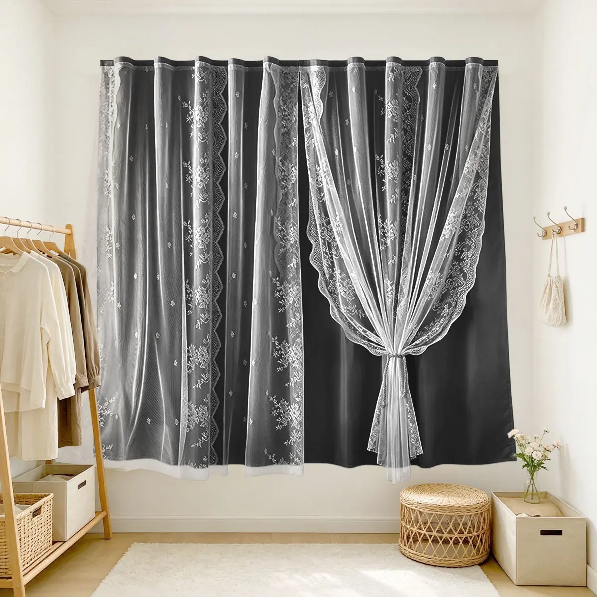 Charcoal Wavy Edge Lace Velcro Window Curtain, Modern Dark Style, Thick Sunscreen Soundproof Privacy Shade, Ideal for Rentals, Offices, Balconies